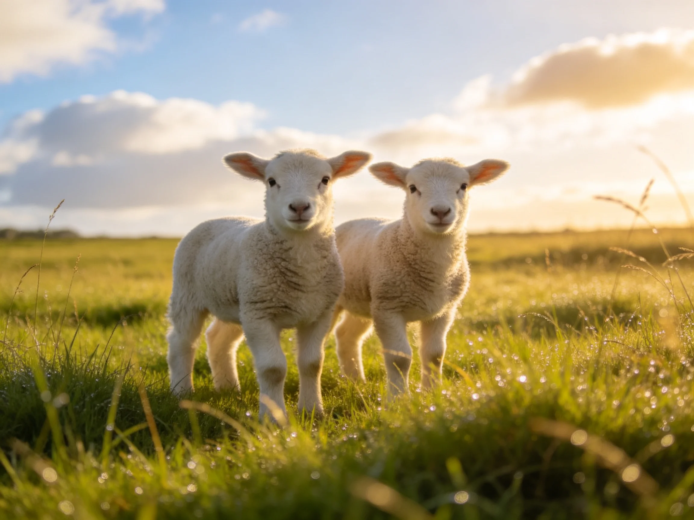 Two white lambs in a sunlit green meadow