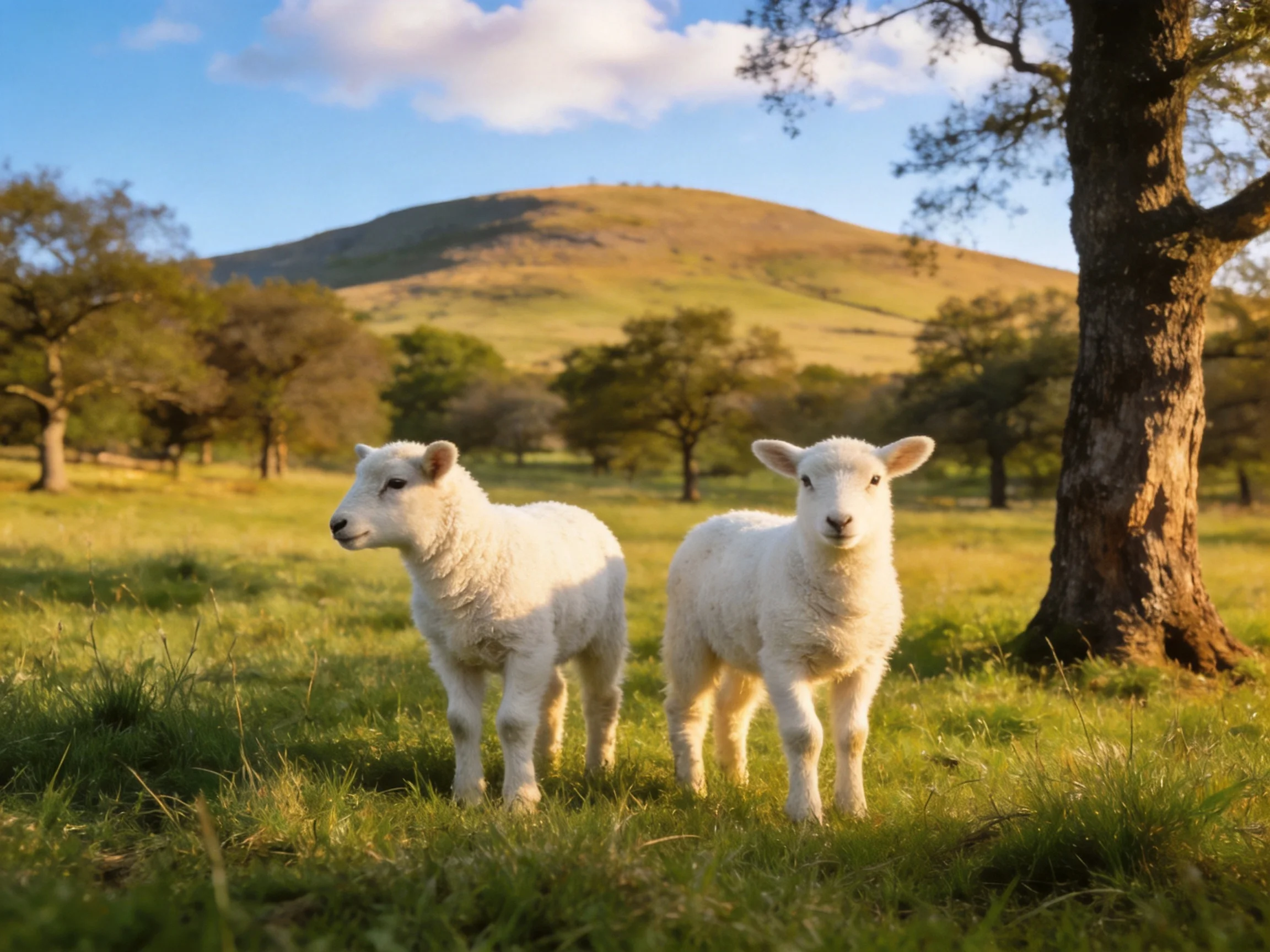 Two white lambs in a sunlit meadow with trees and a hill