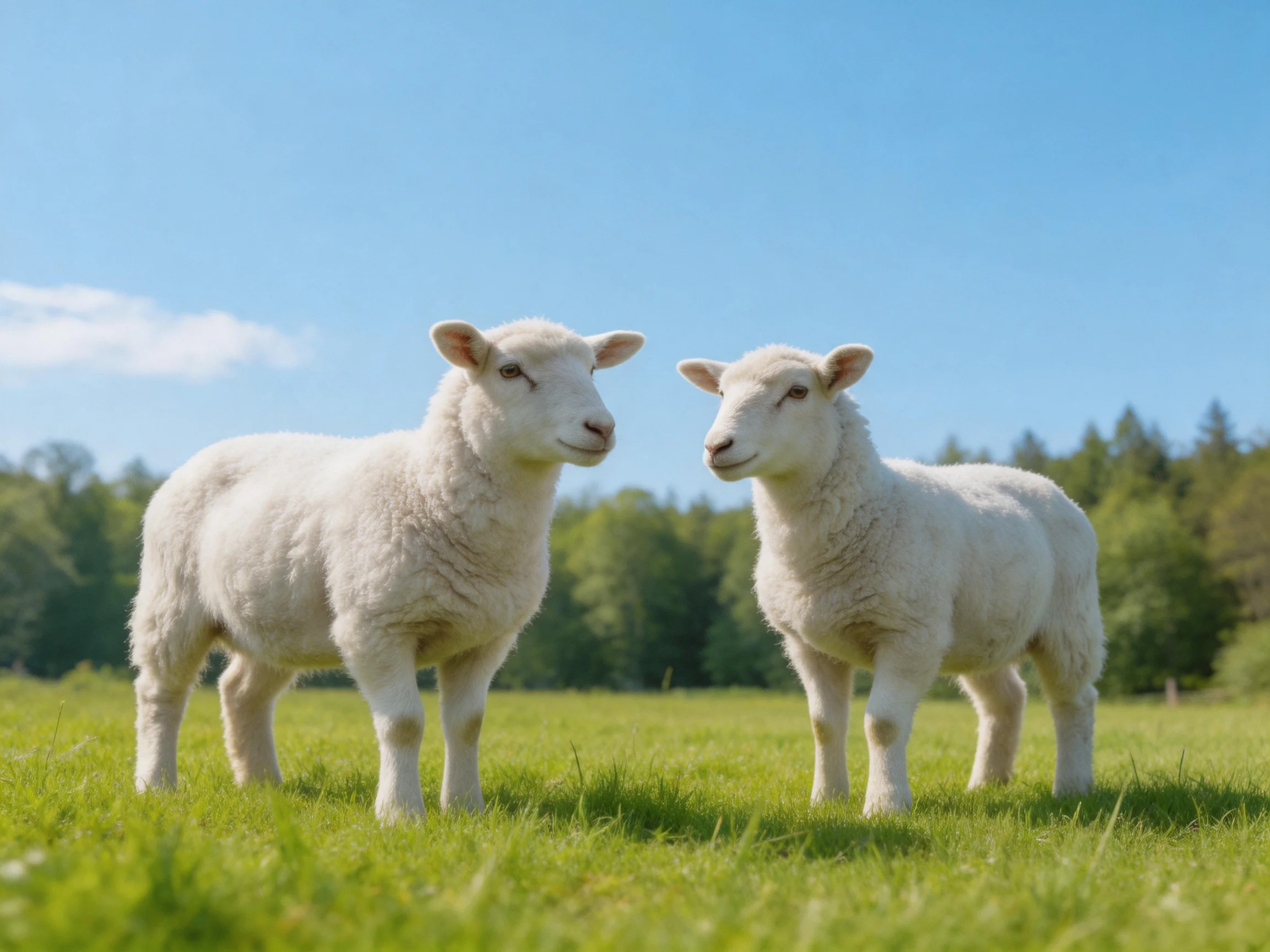 Two white lambs in a sunny meadow