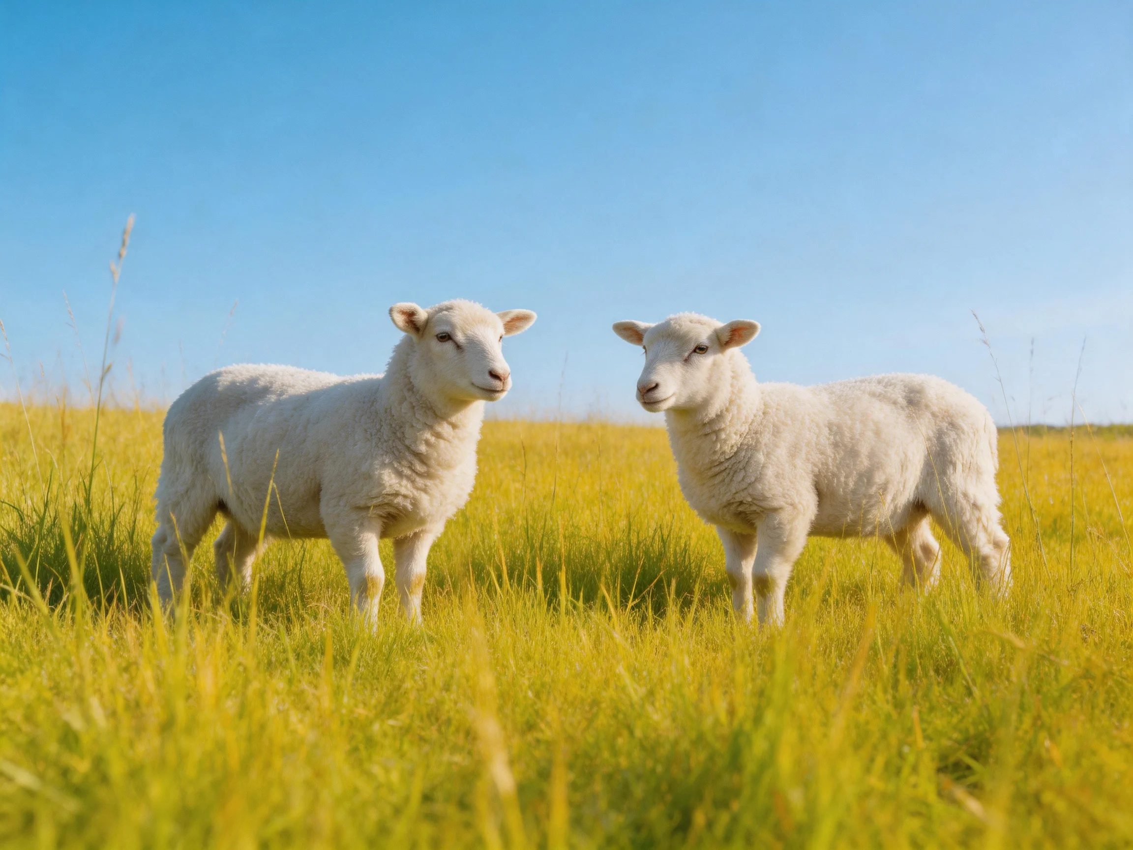 Two white lambs in golden meadow under clear blue sky