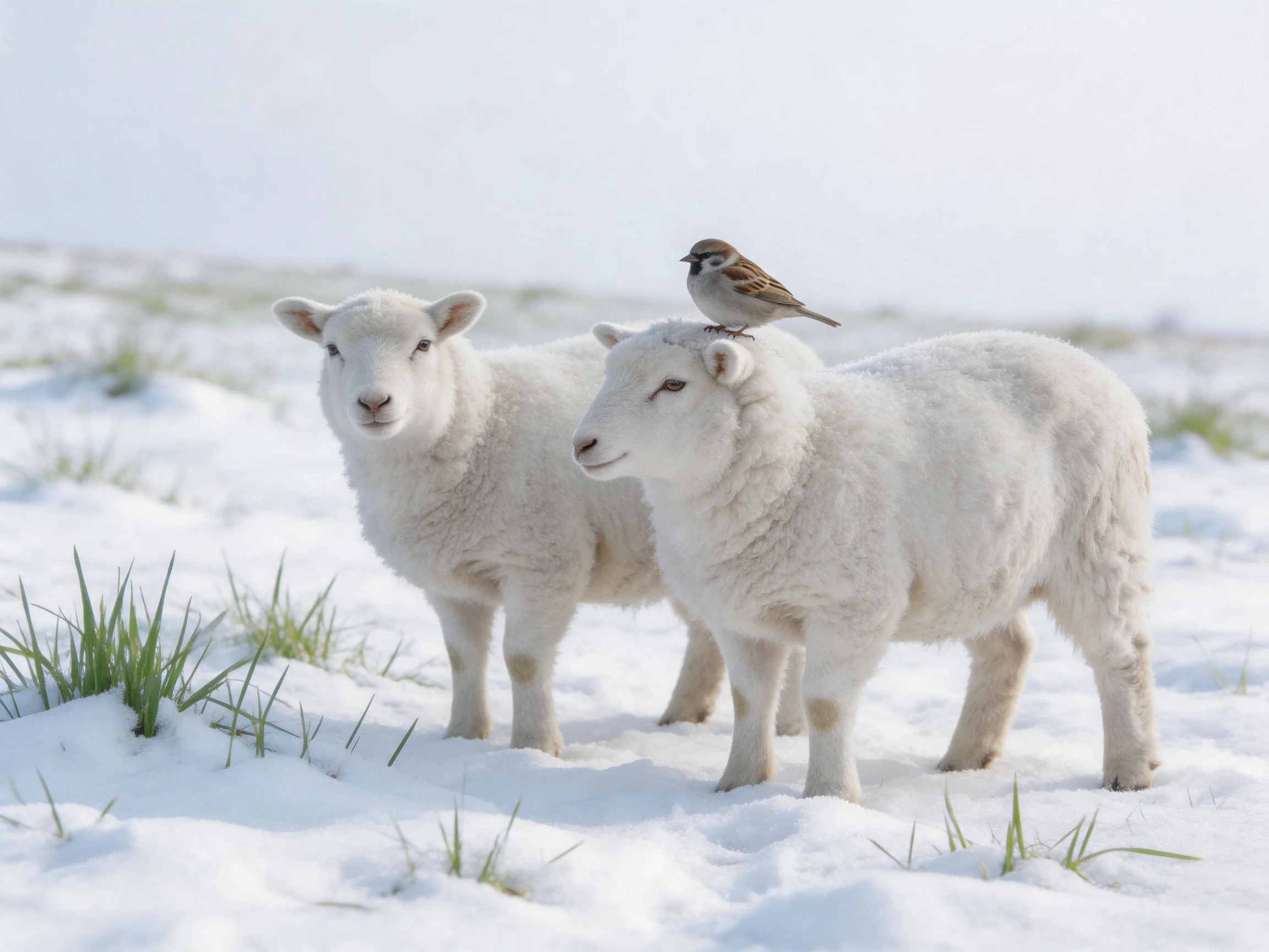 Two white lambs in snow with a small brown sparrow