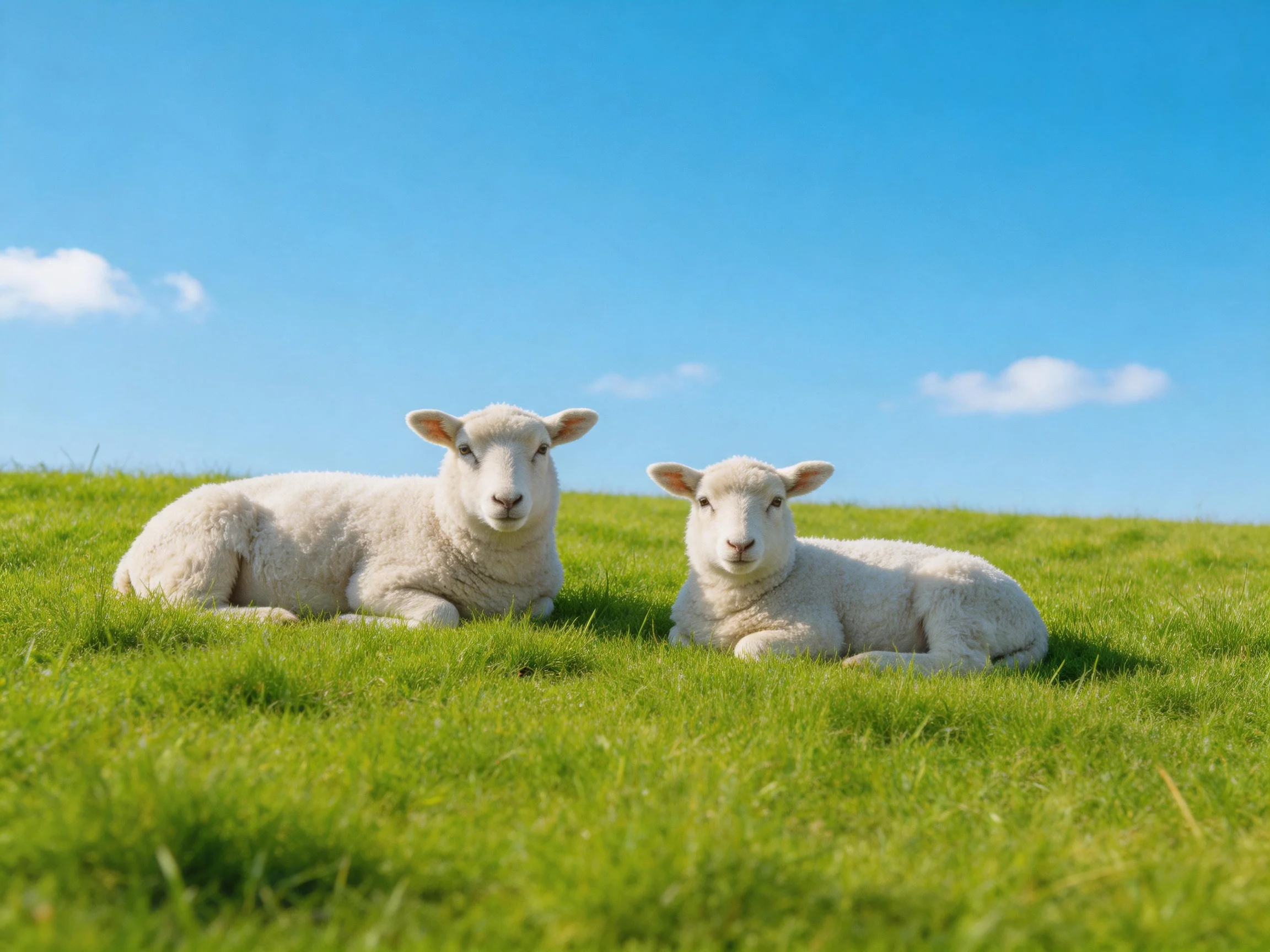 Two white lambs lie on vibrant green grass under bright blue sky