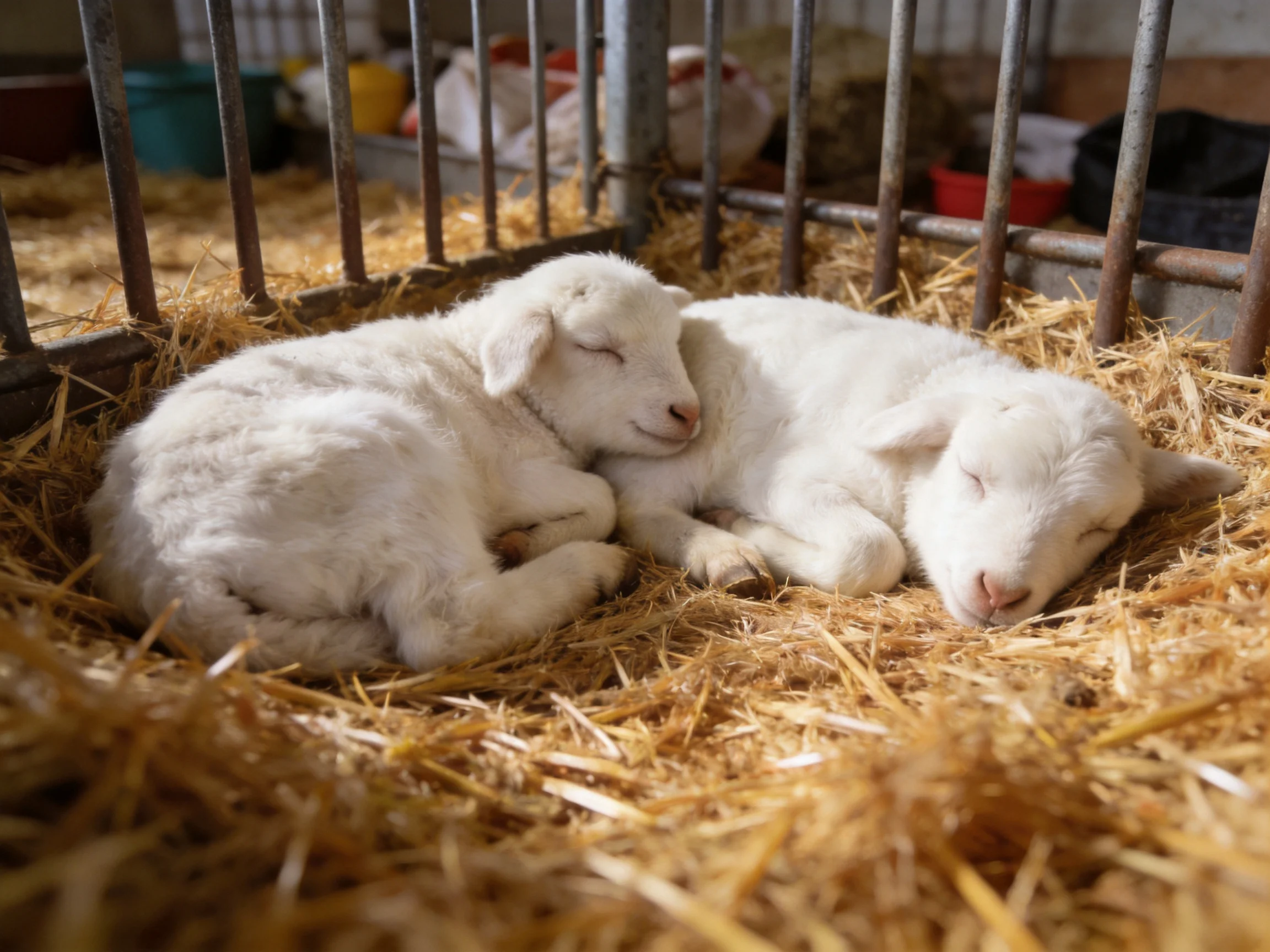Two white lambs napping on golden straw in a metal pen