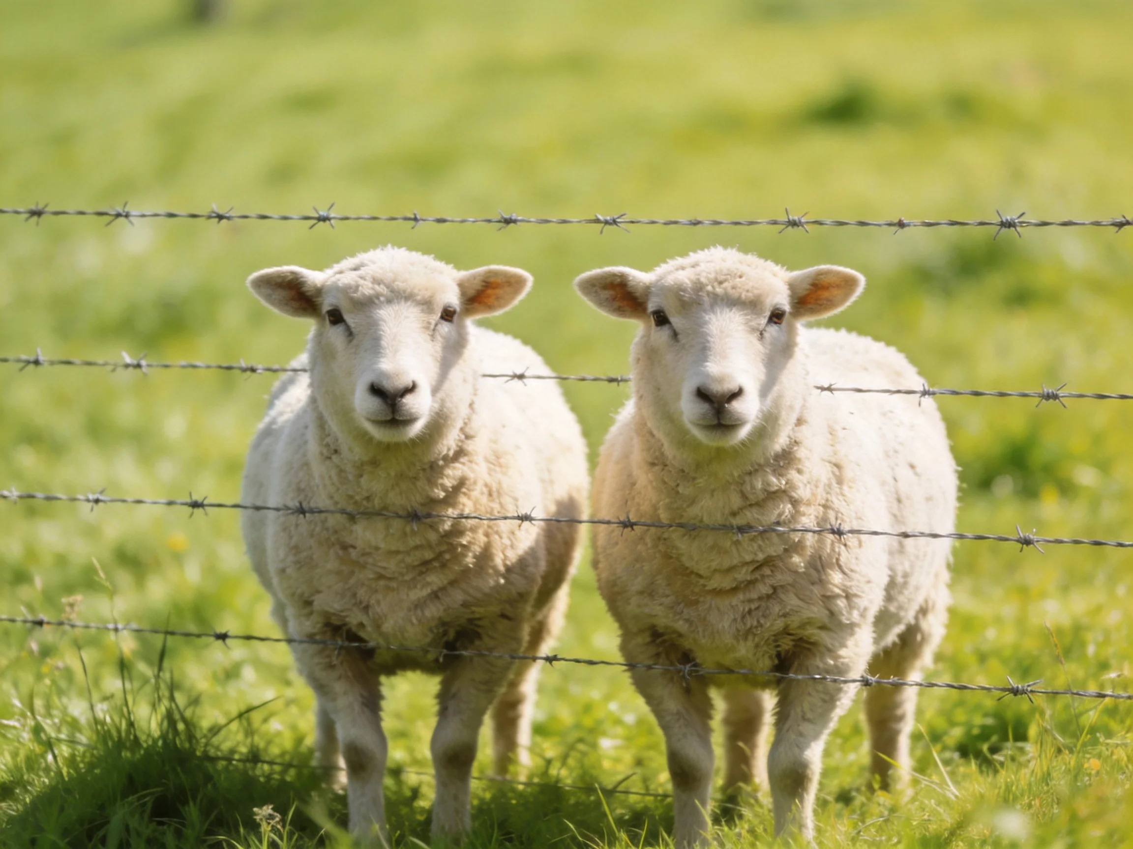 Two white lambs near a barbed wire fence in a green pasture