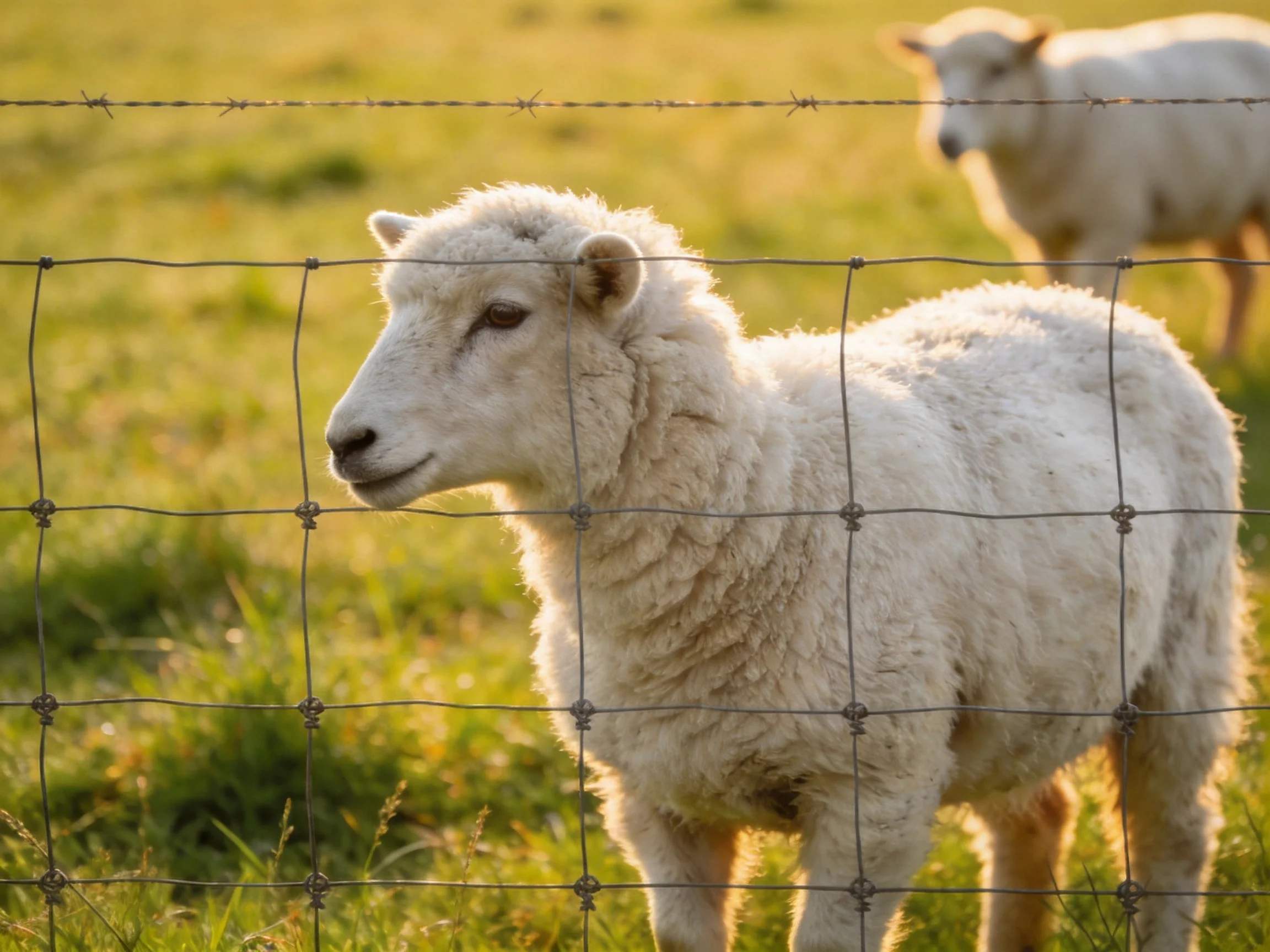 Two white lambs near a barbed wire fence in a green pasture