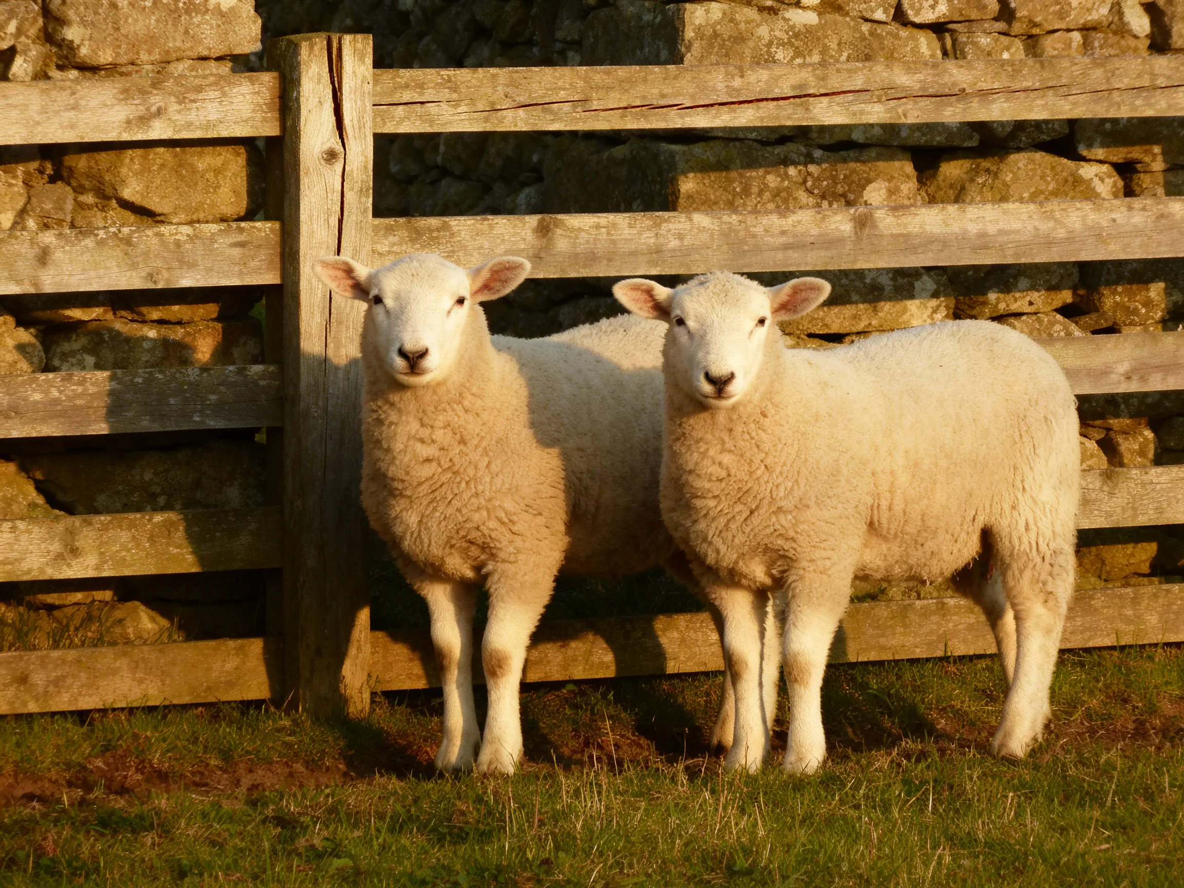 Two white lambs near a rustic wooden fence by stone wall