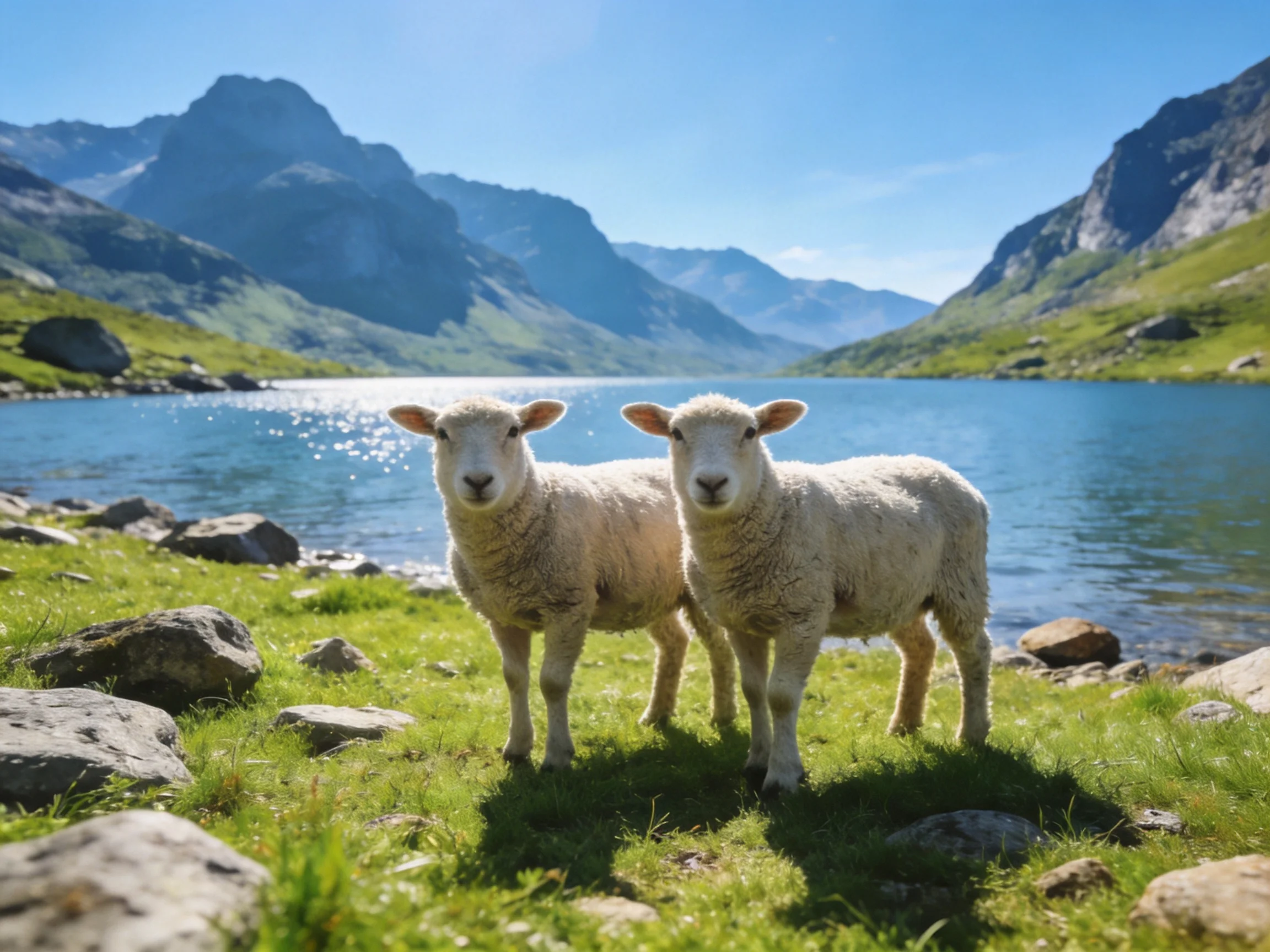 Two lambs stand by a serene blue lake with green hills and mountains
