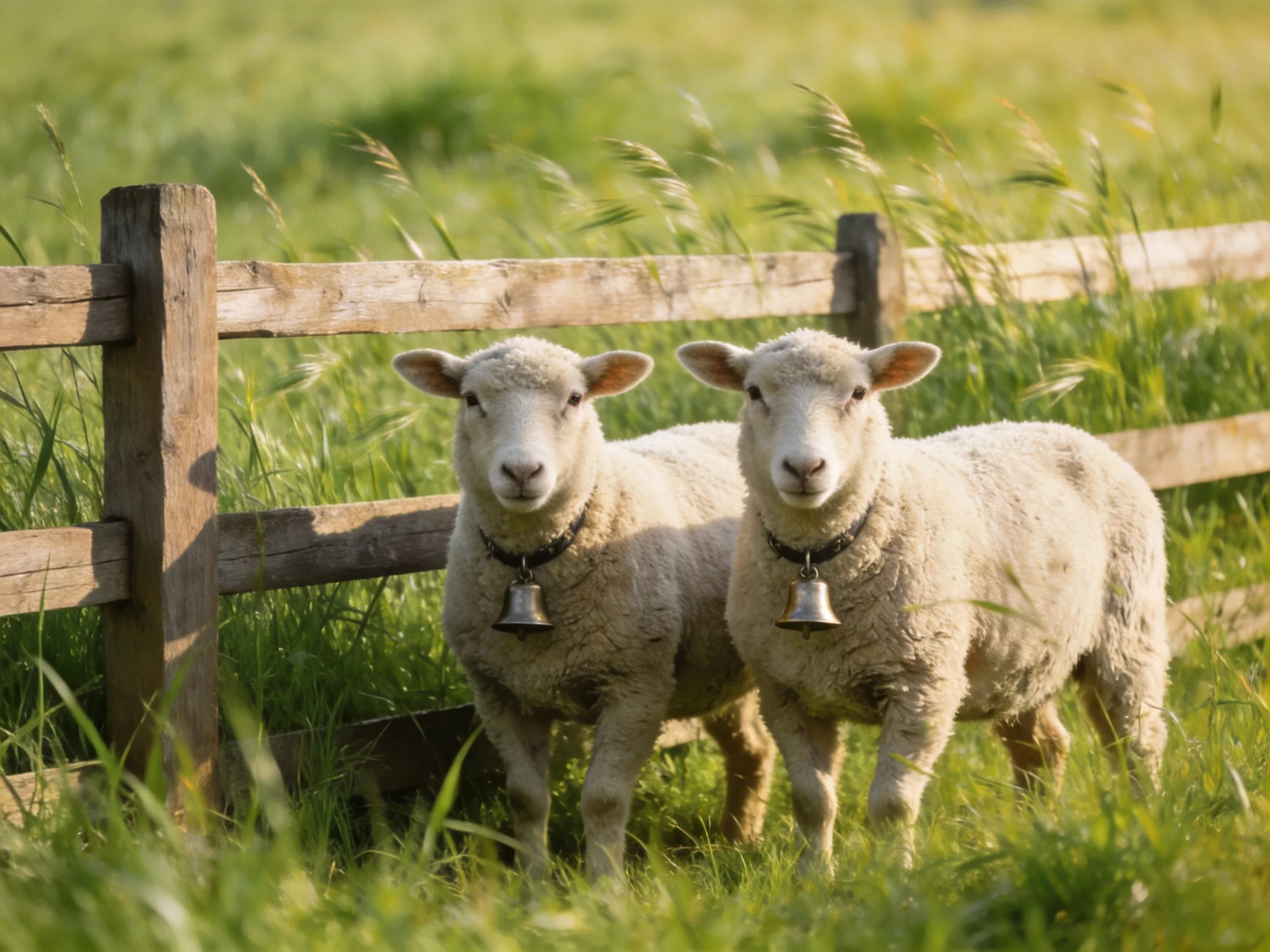 Two white lambs near a weathered wooden fence in a lush green pasture