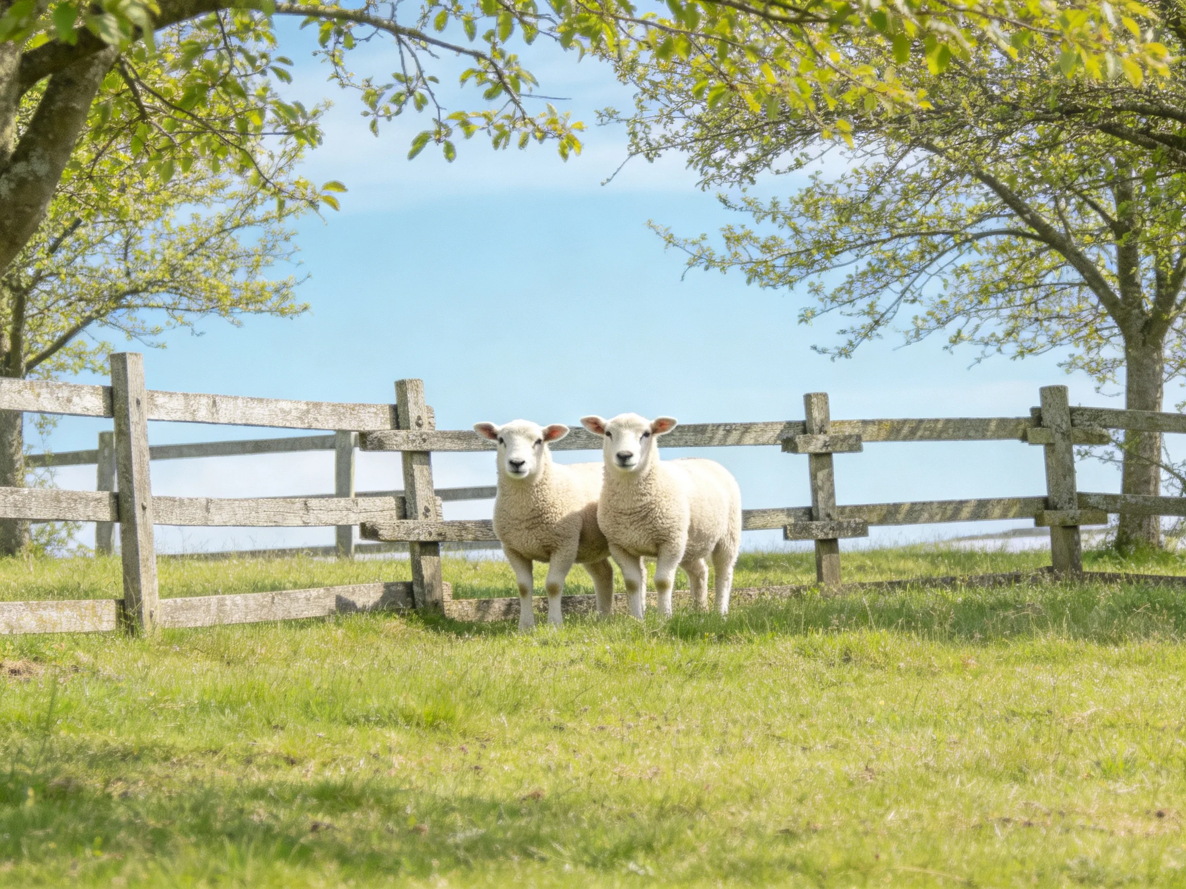 Two white lambs near a weathered wooden fence in a sunny meadow