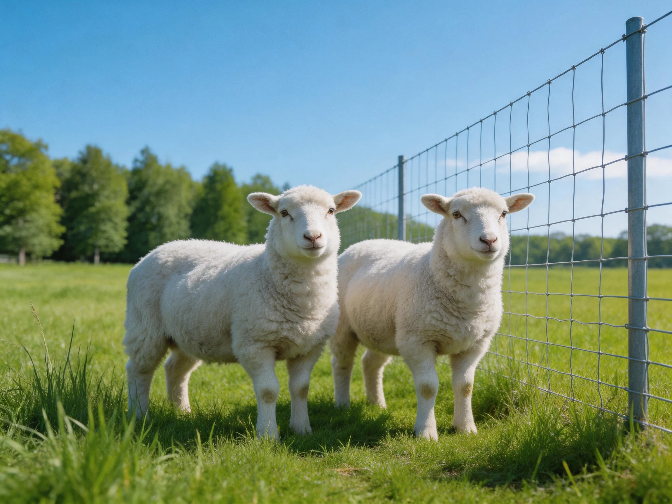 Two white lambs near a wire fence in a green pasture