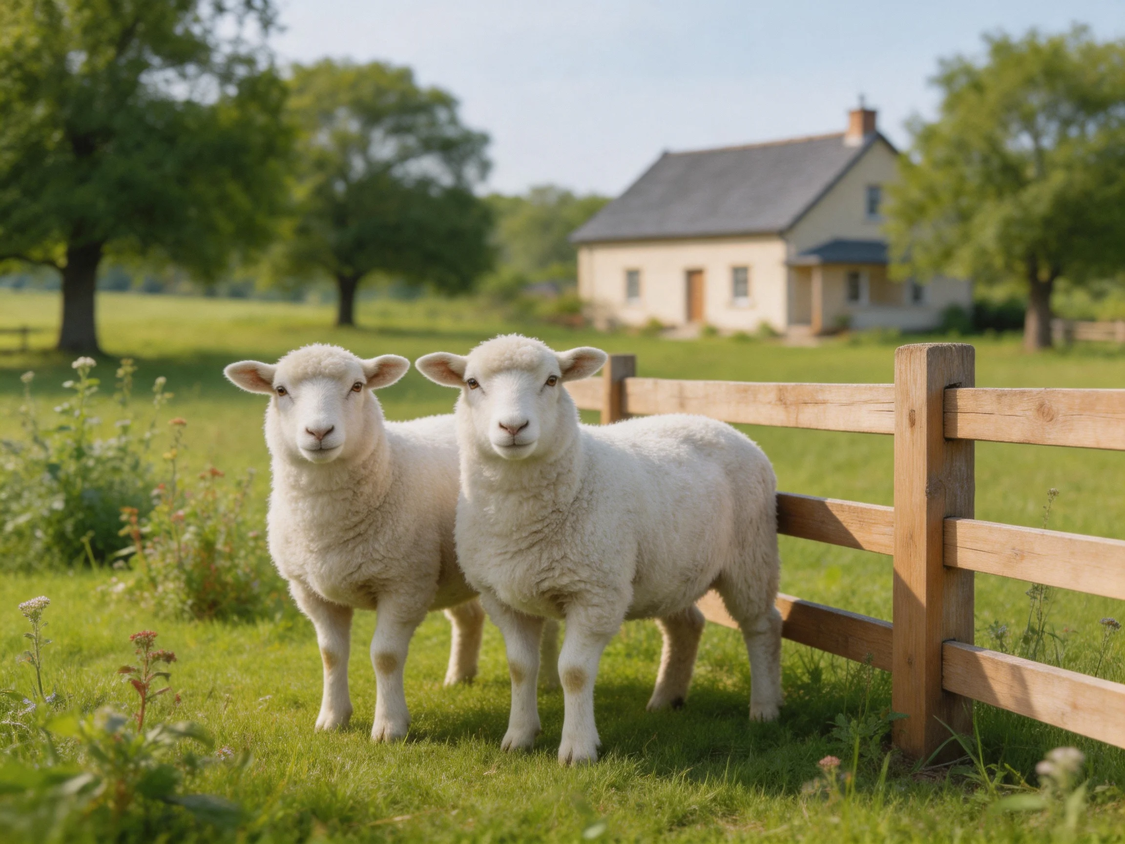 Two white lambs near a wooden fence in a green pasture