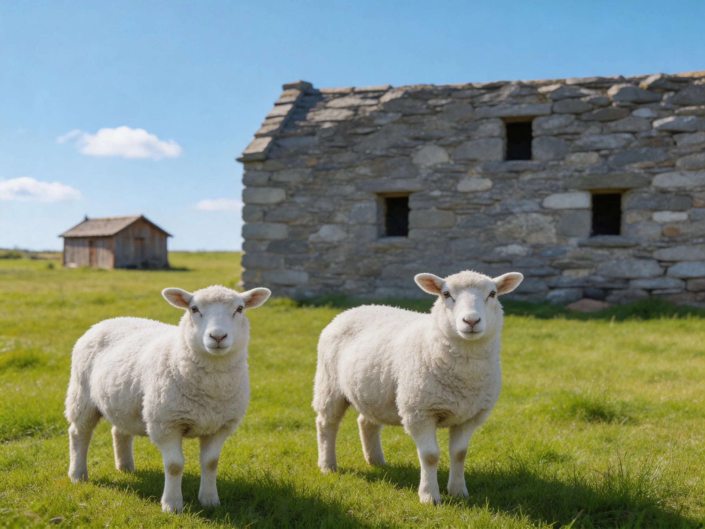 Two white lambs near an old stone house on a sunny day