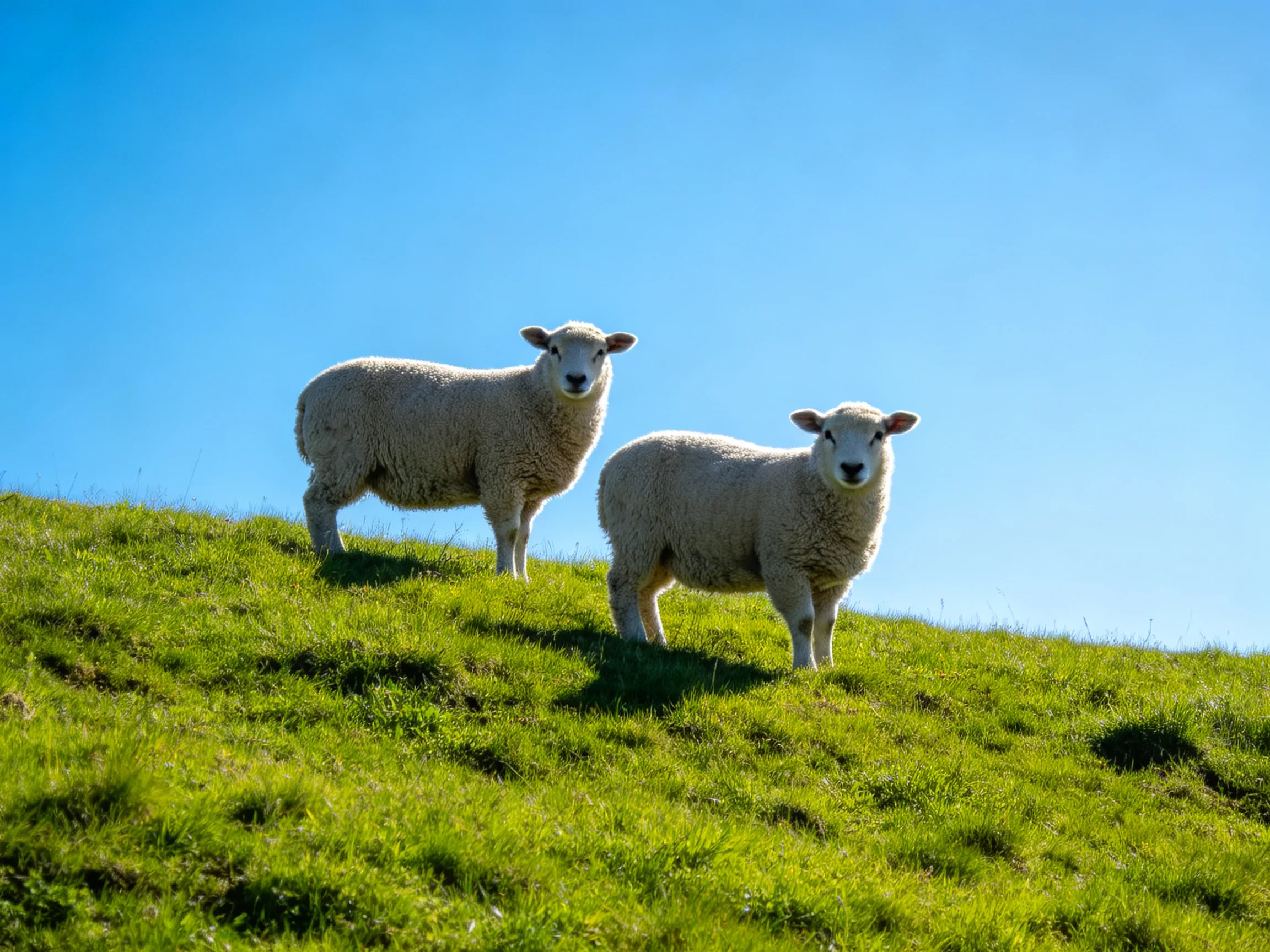 Two white lambs on a lush green hill under a clear blue sky