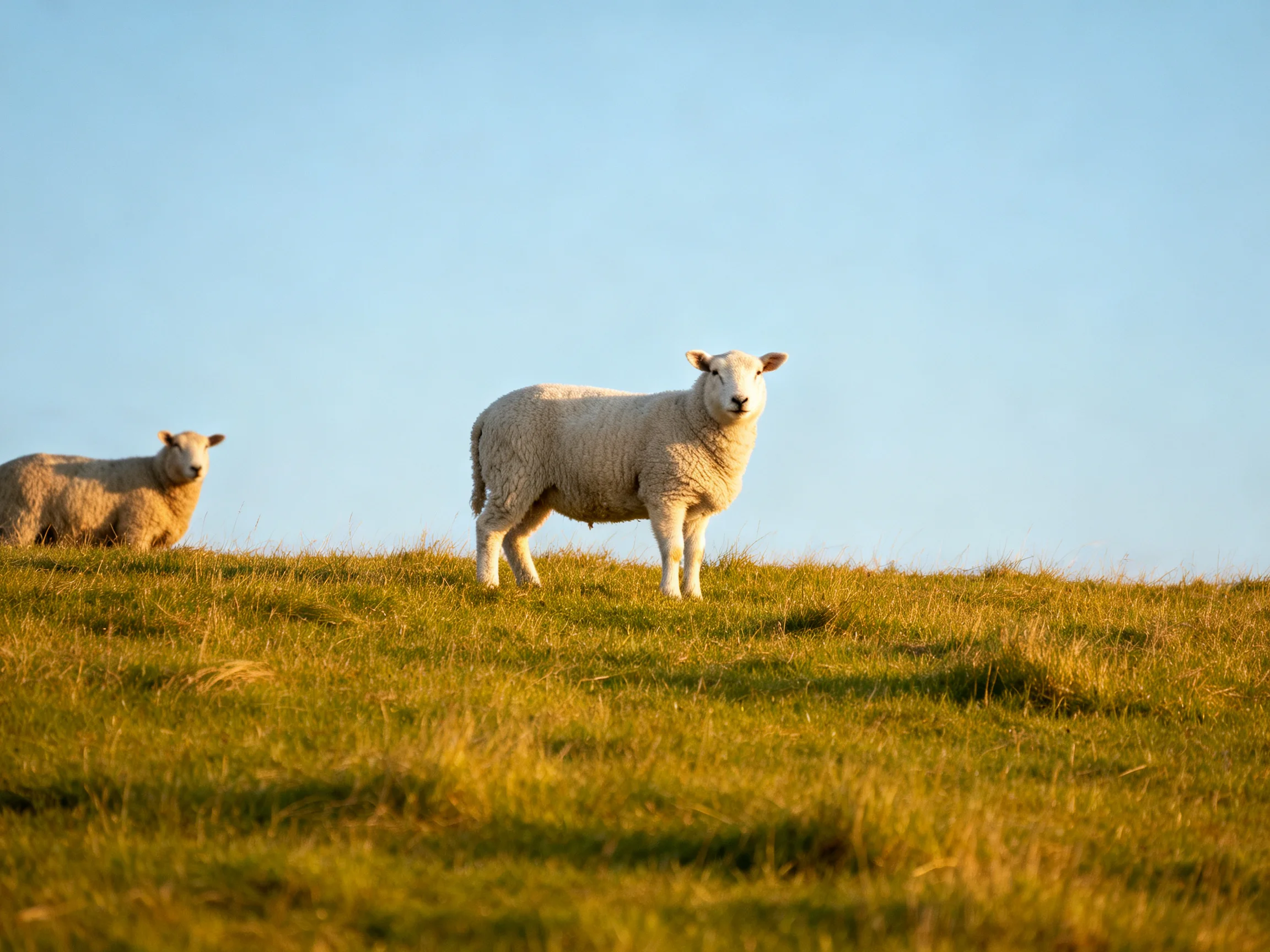 Two white lambs on a sunlit grassy hilltop