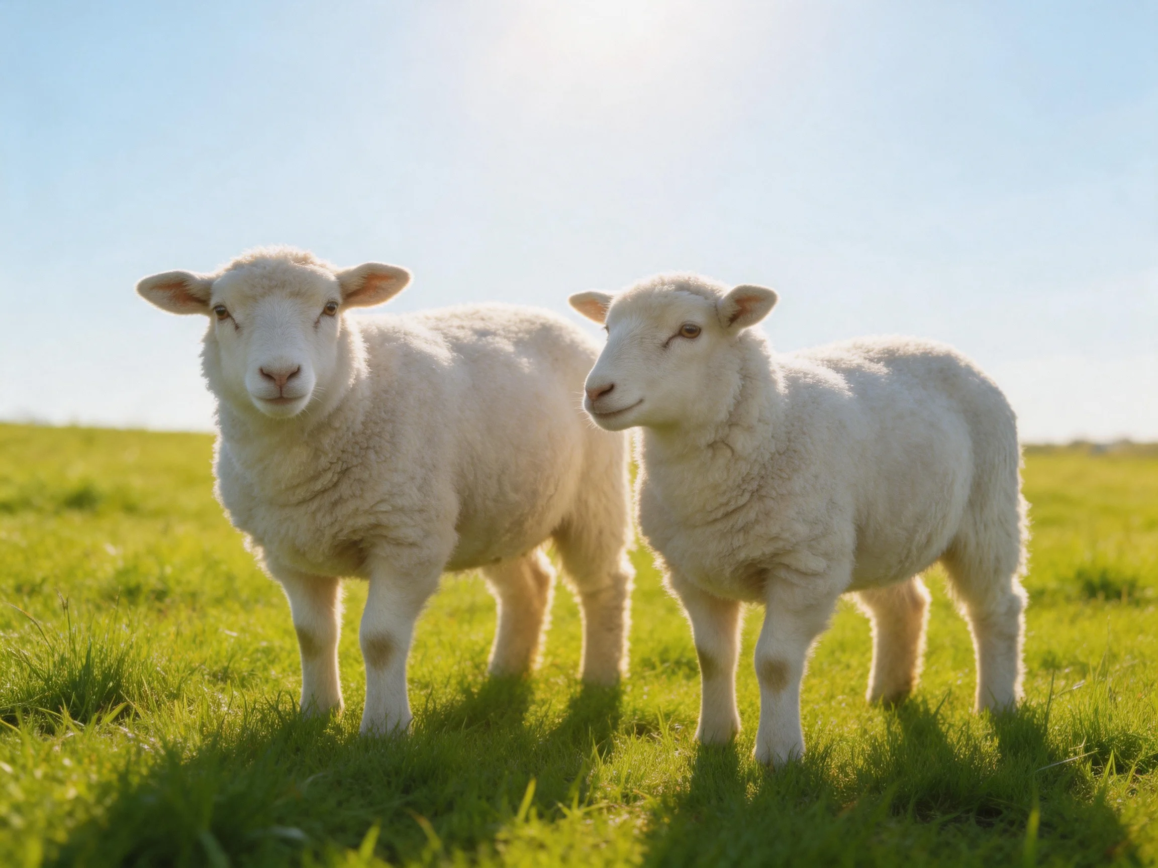 Two white lambs on a sunlit green field