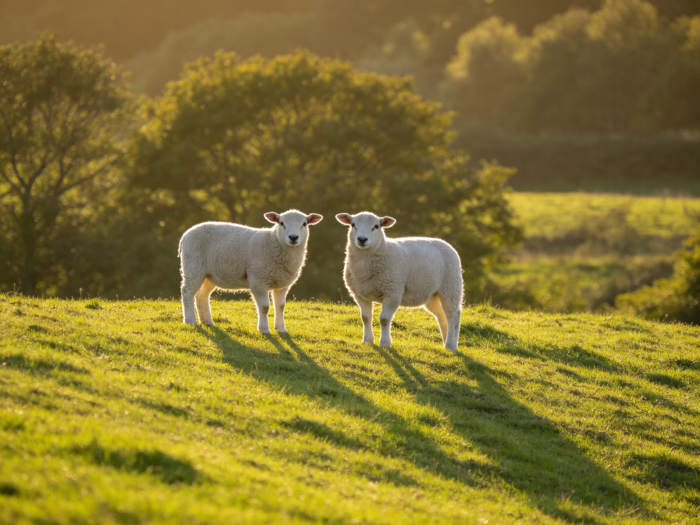 Two white lambs on a sunlit green hillside with trees