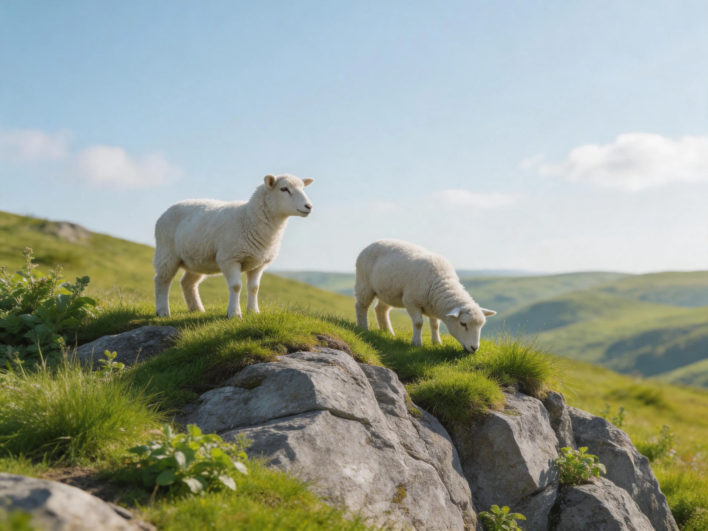 Two white lambs on rocky hillside with green landscape
