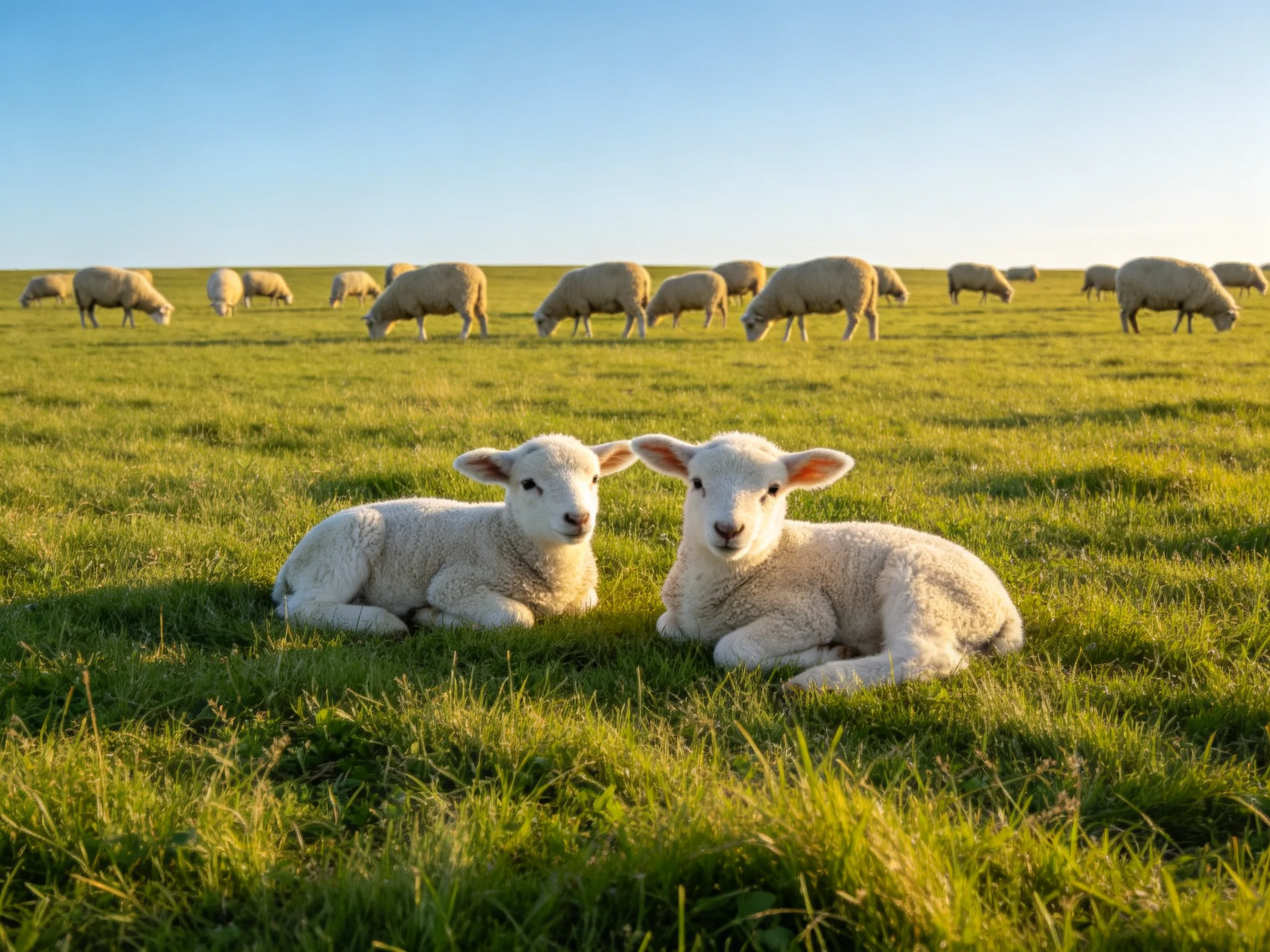 Two white lambs rest beside grazing sheep in a lush green meadow