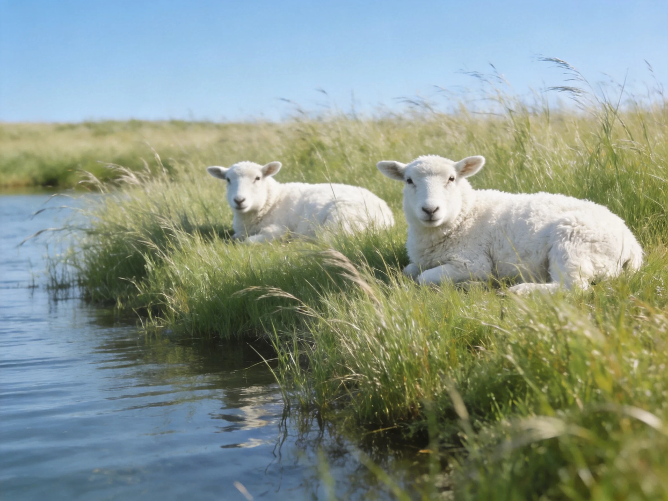 Two white lambs rest by a calm waterway in tall green grass