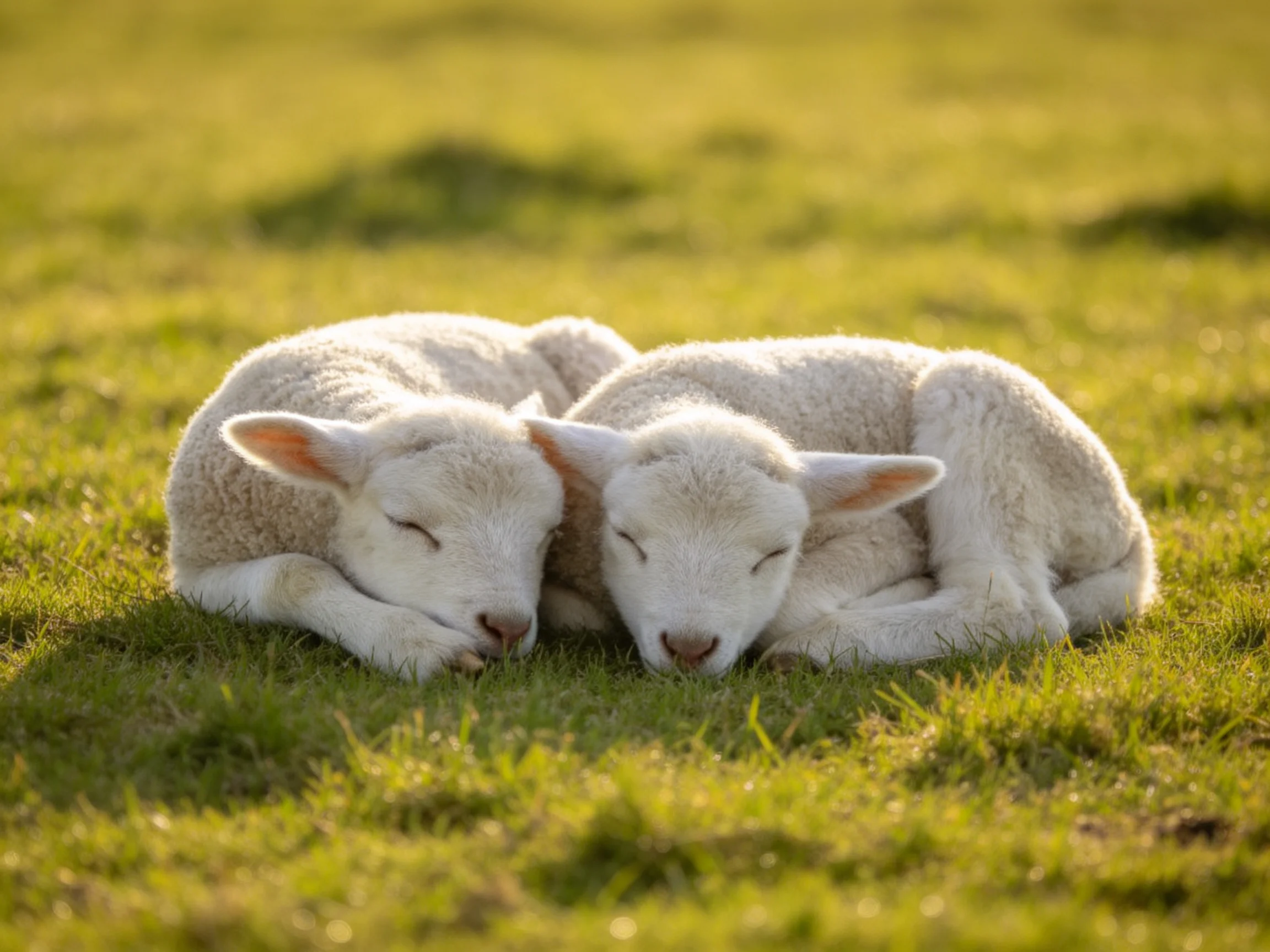 Two white lambs rest closely on sunlit green grass