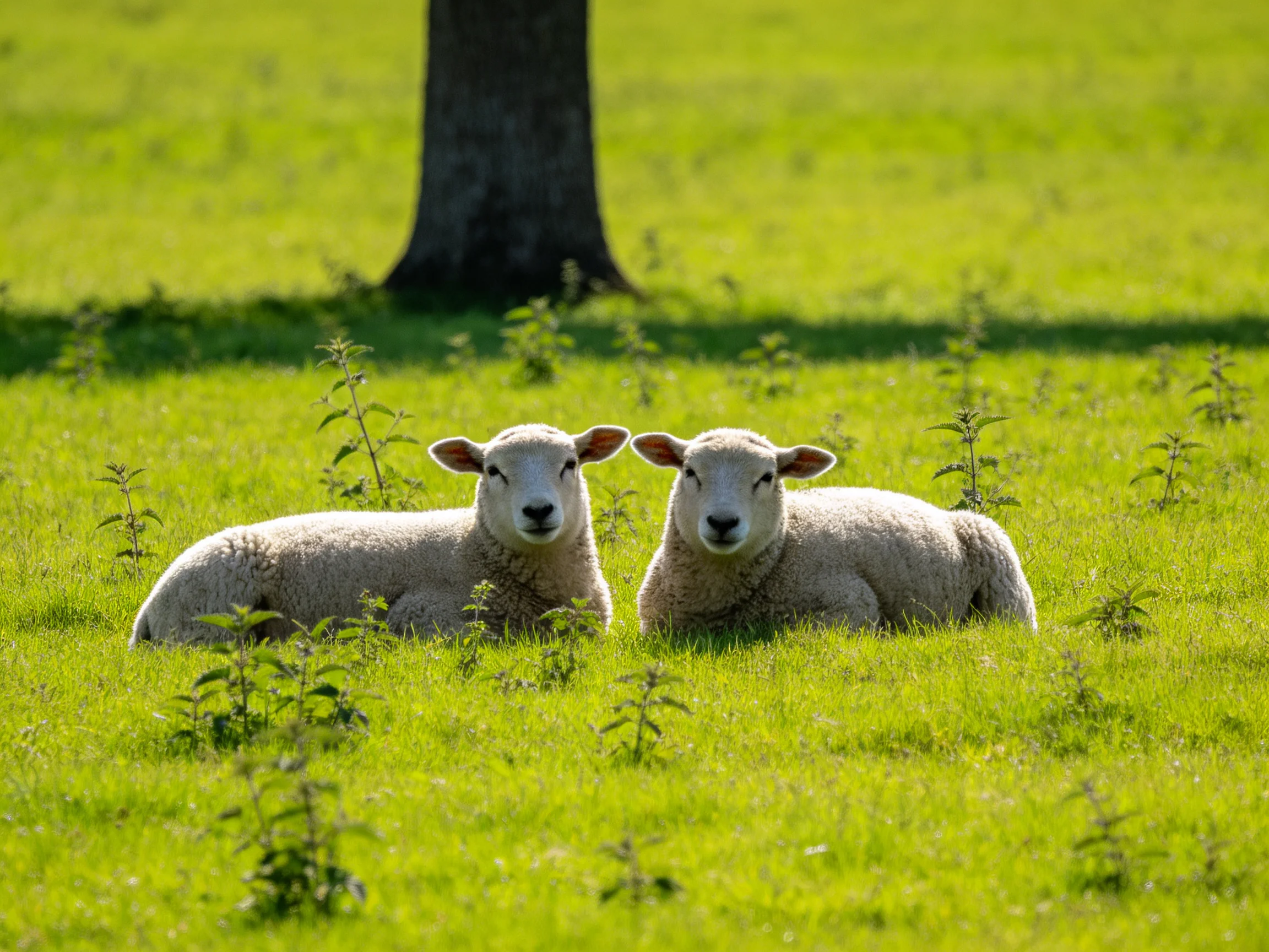 Two white lambs rest in a lush green meadow near a dark tree