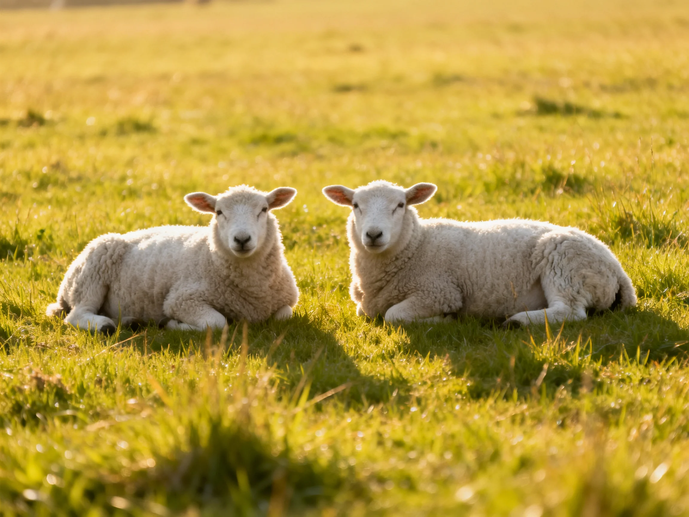Two sheep rest peacefully in a sunlit grassy area.