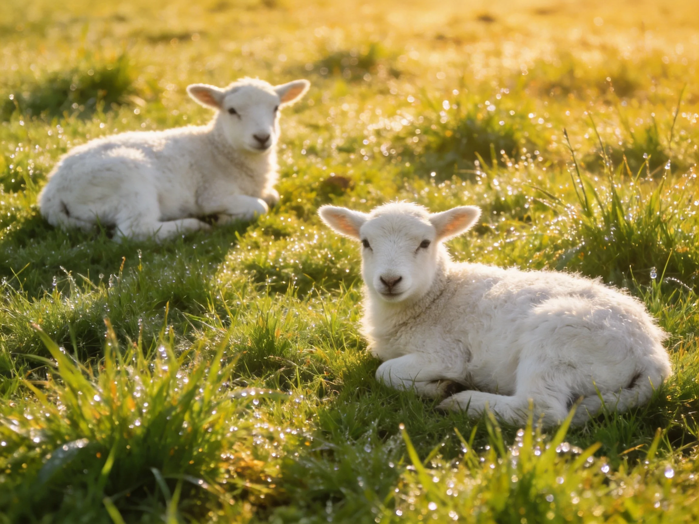 Two white lambs rest in dewy green meadow under golden light