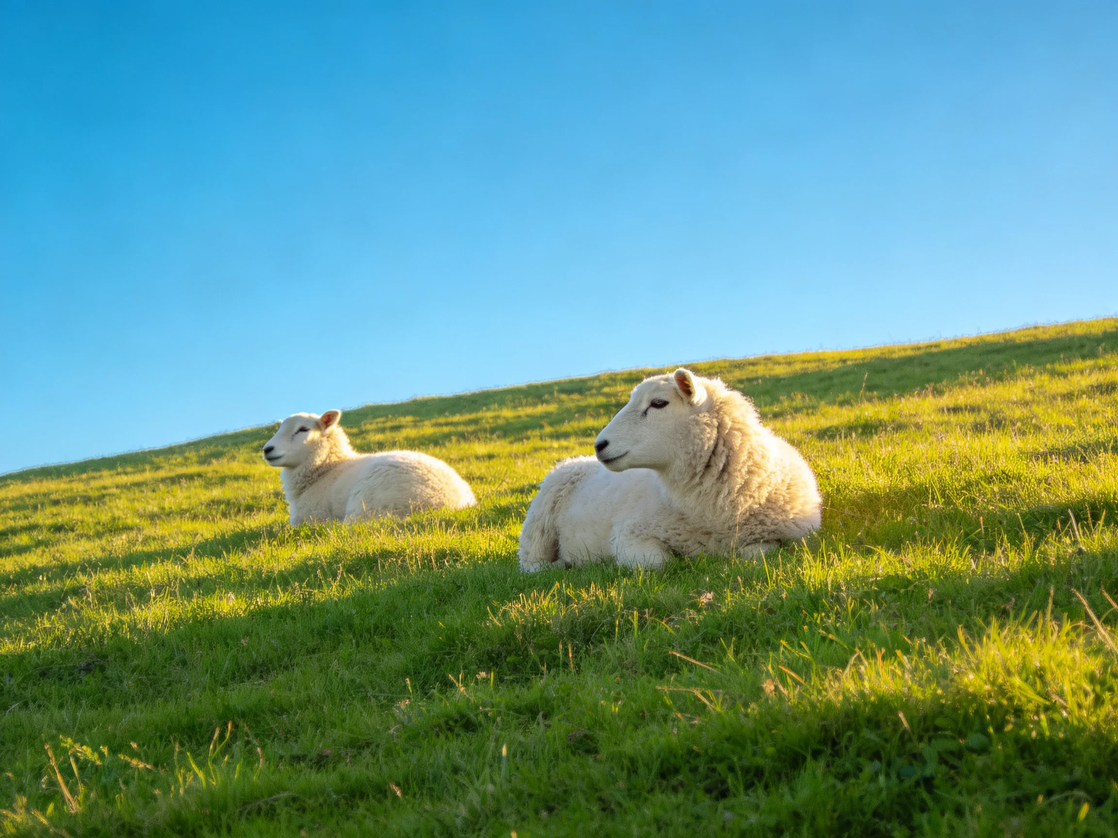Two white lambs rest on a sunlit green grassy hillside