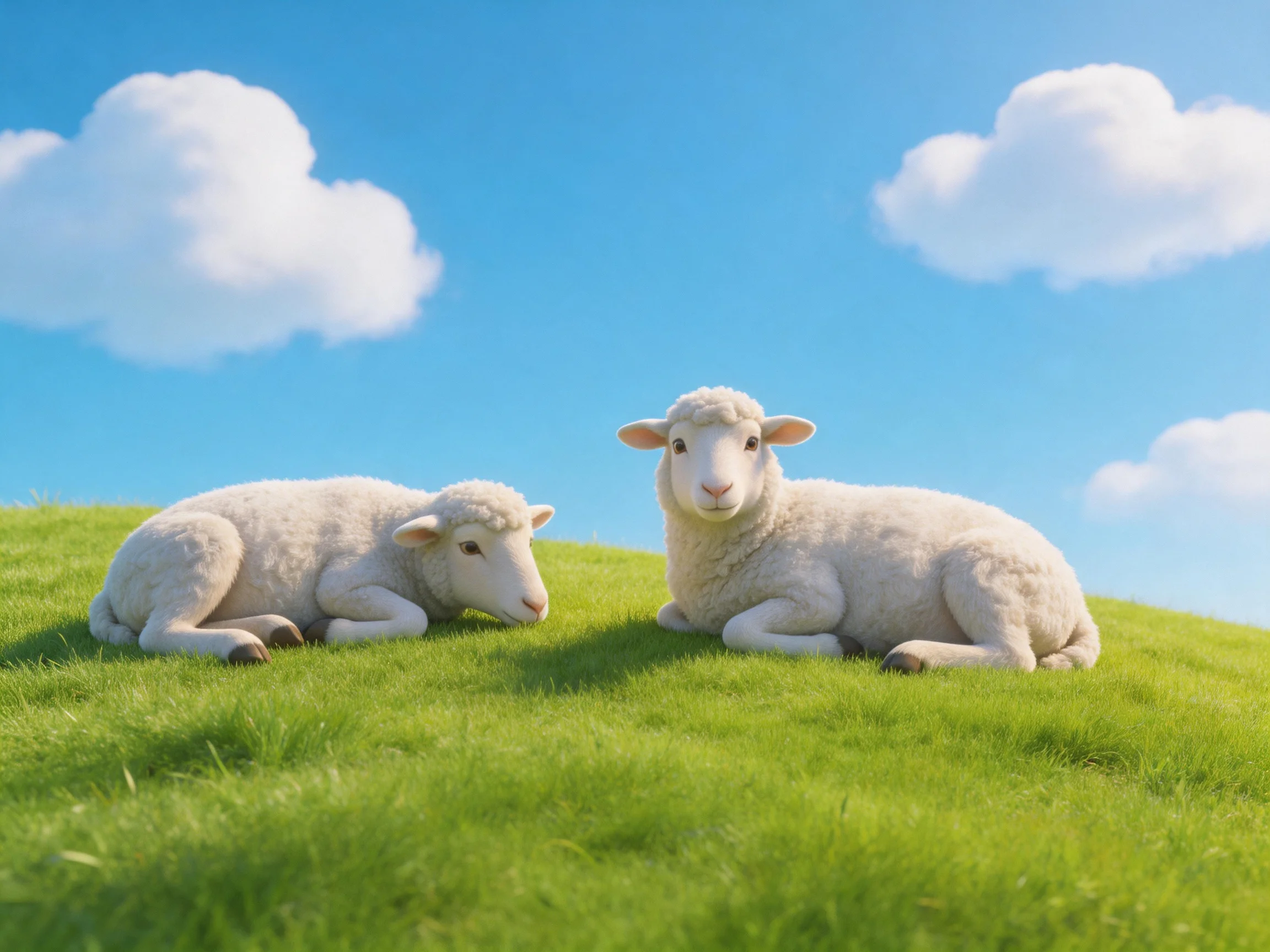 Two white lambs rest on lush green grass under bright blue sky with clouds