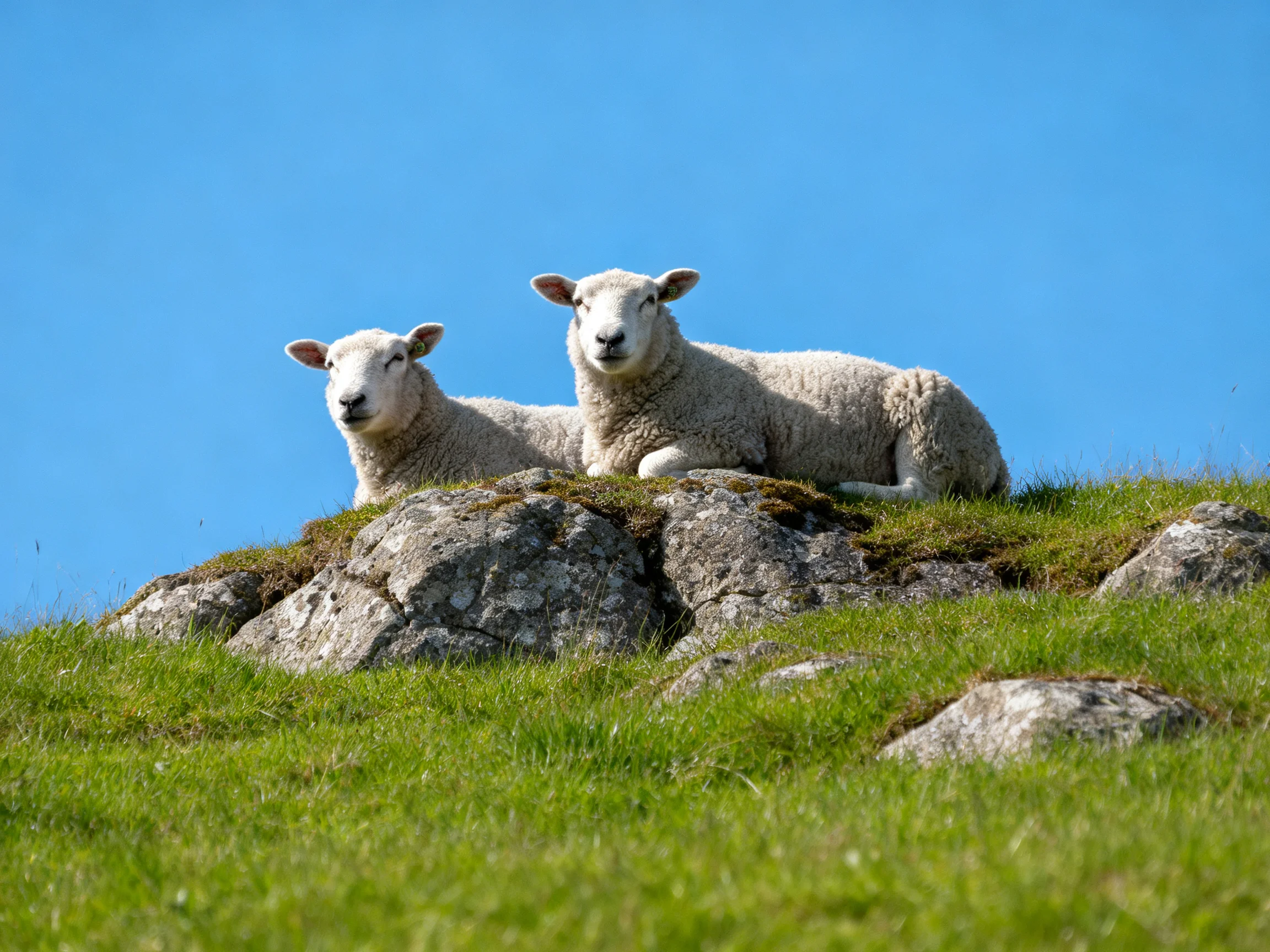 Two white lambs rest on mossy rocks among lush green grass under clear blue sky