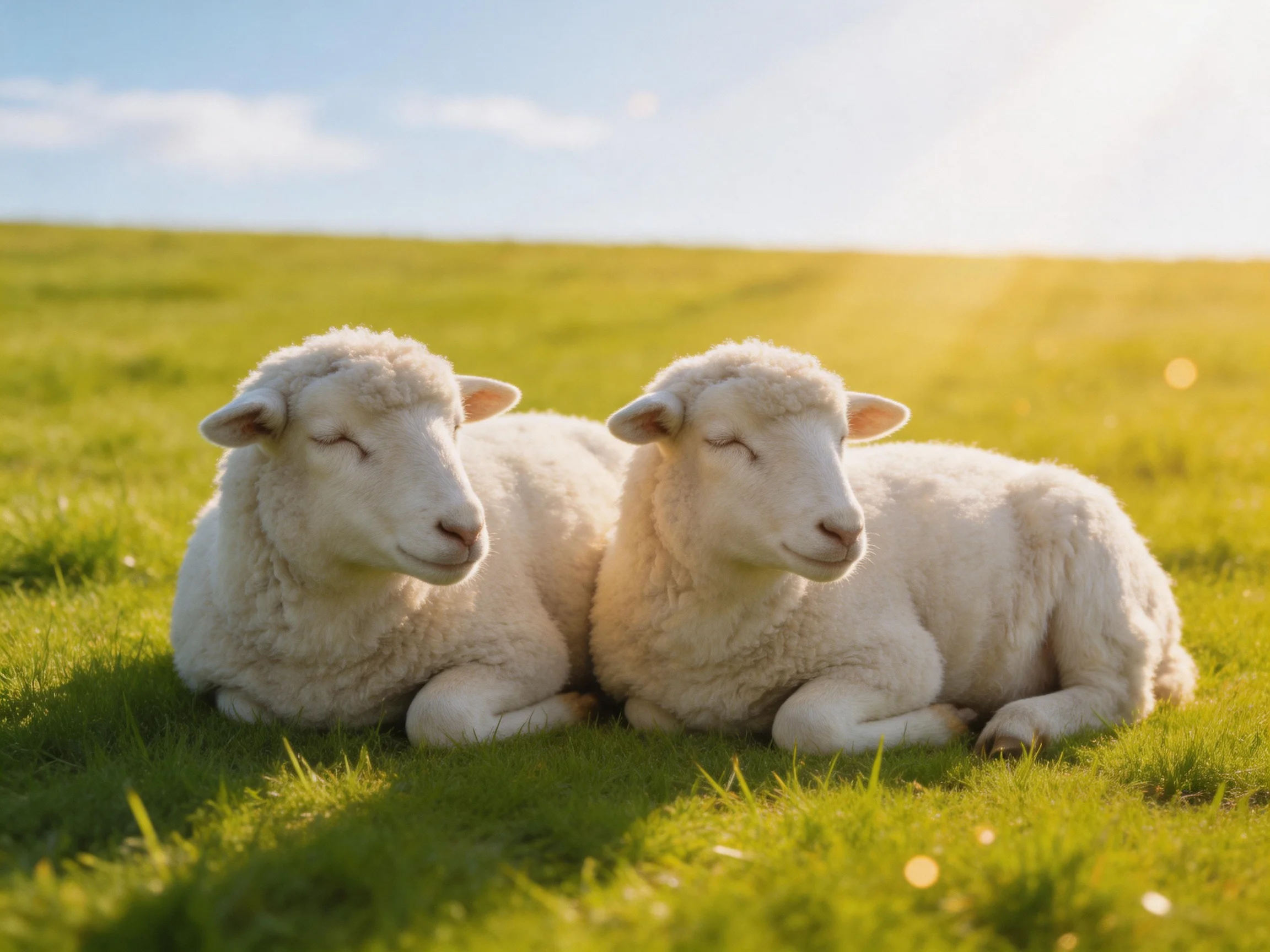 Two white lambs rest on vibrant green grass under sunny light