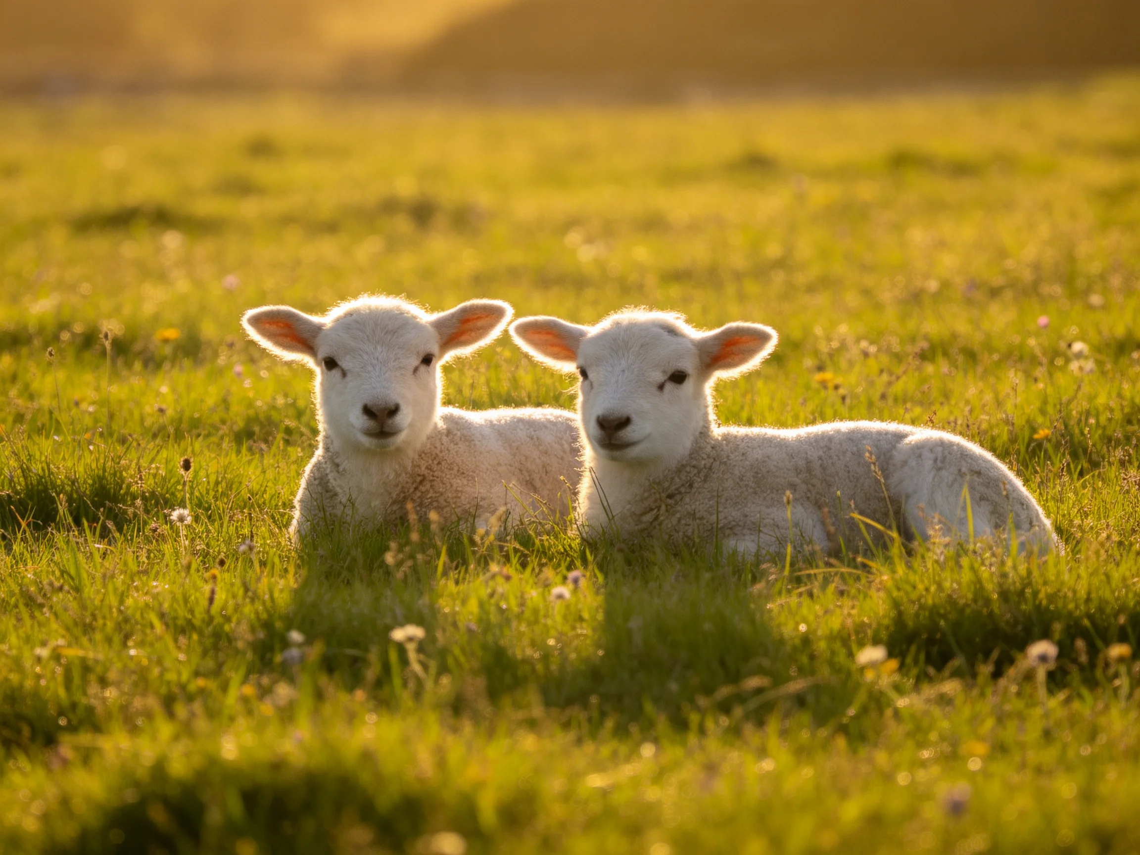 Two white lambs resting in a golden-green meadow