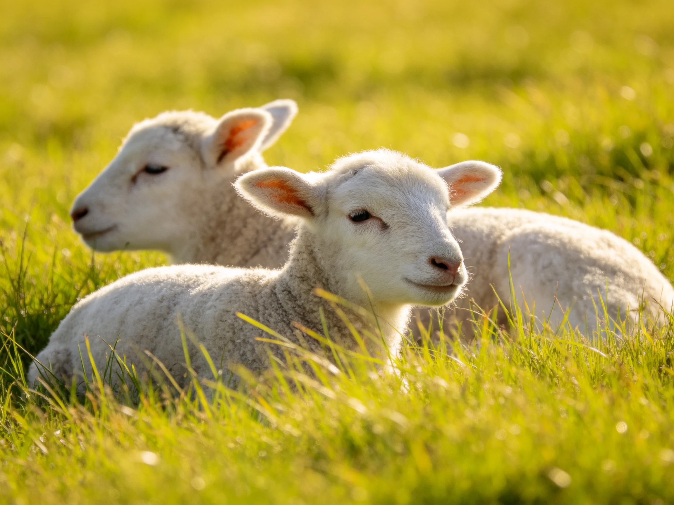 Two white lambs rest peacefully in a sunlit field.