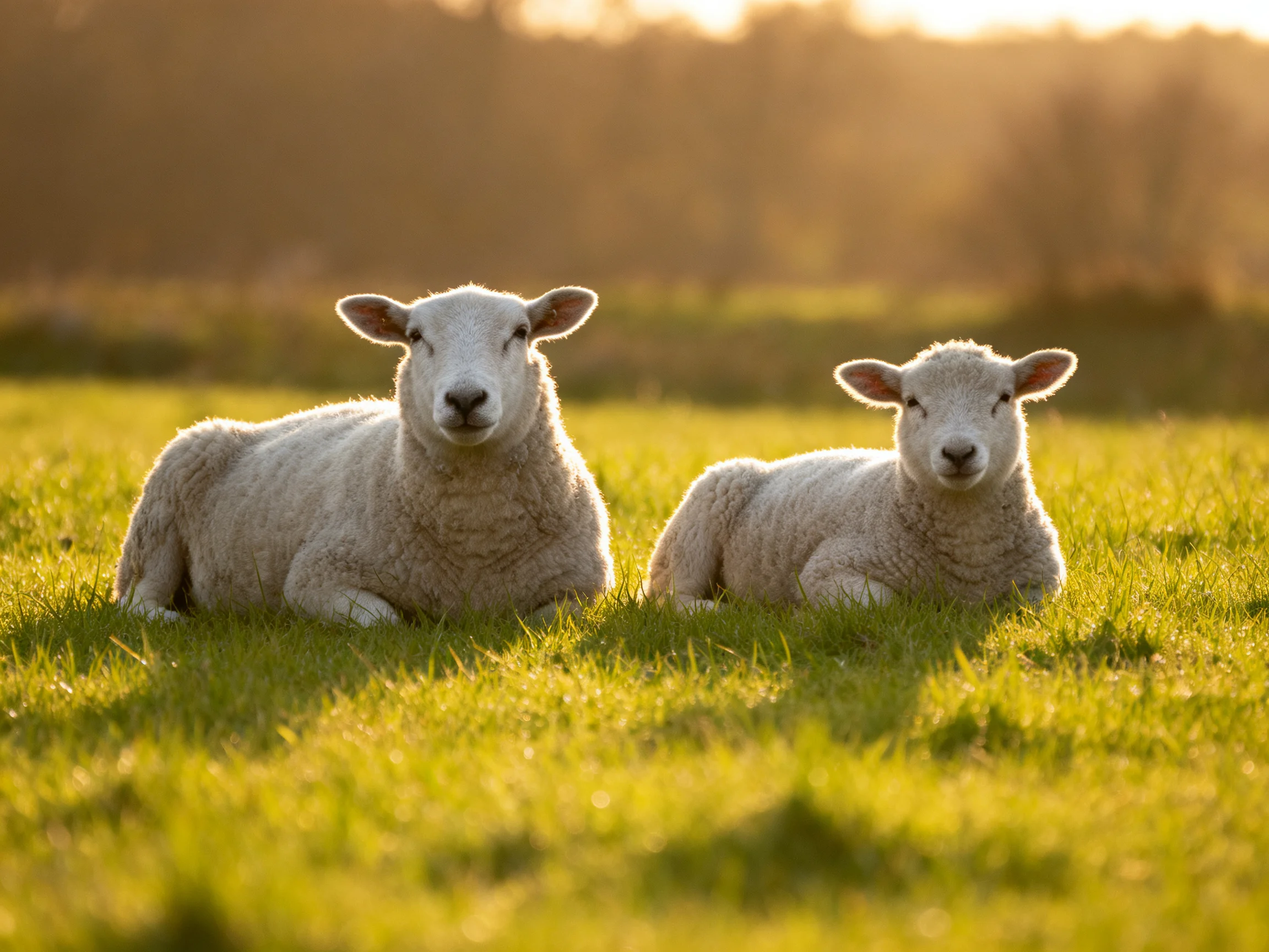 Two white lambs relax together in a sunlit field.