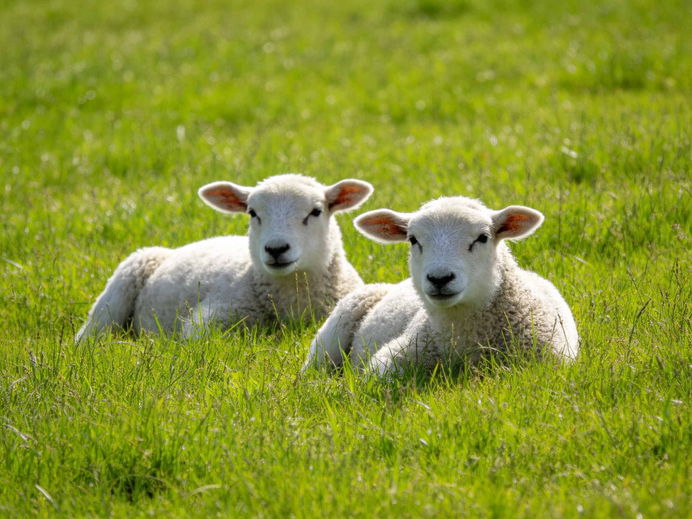 Two white lambs resting in lush green grass
