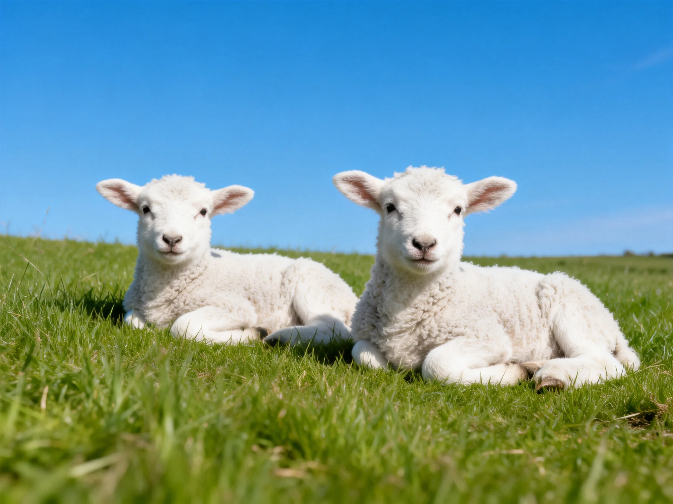 Two white lambs resting on lush green grass beneath clear blue sky
