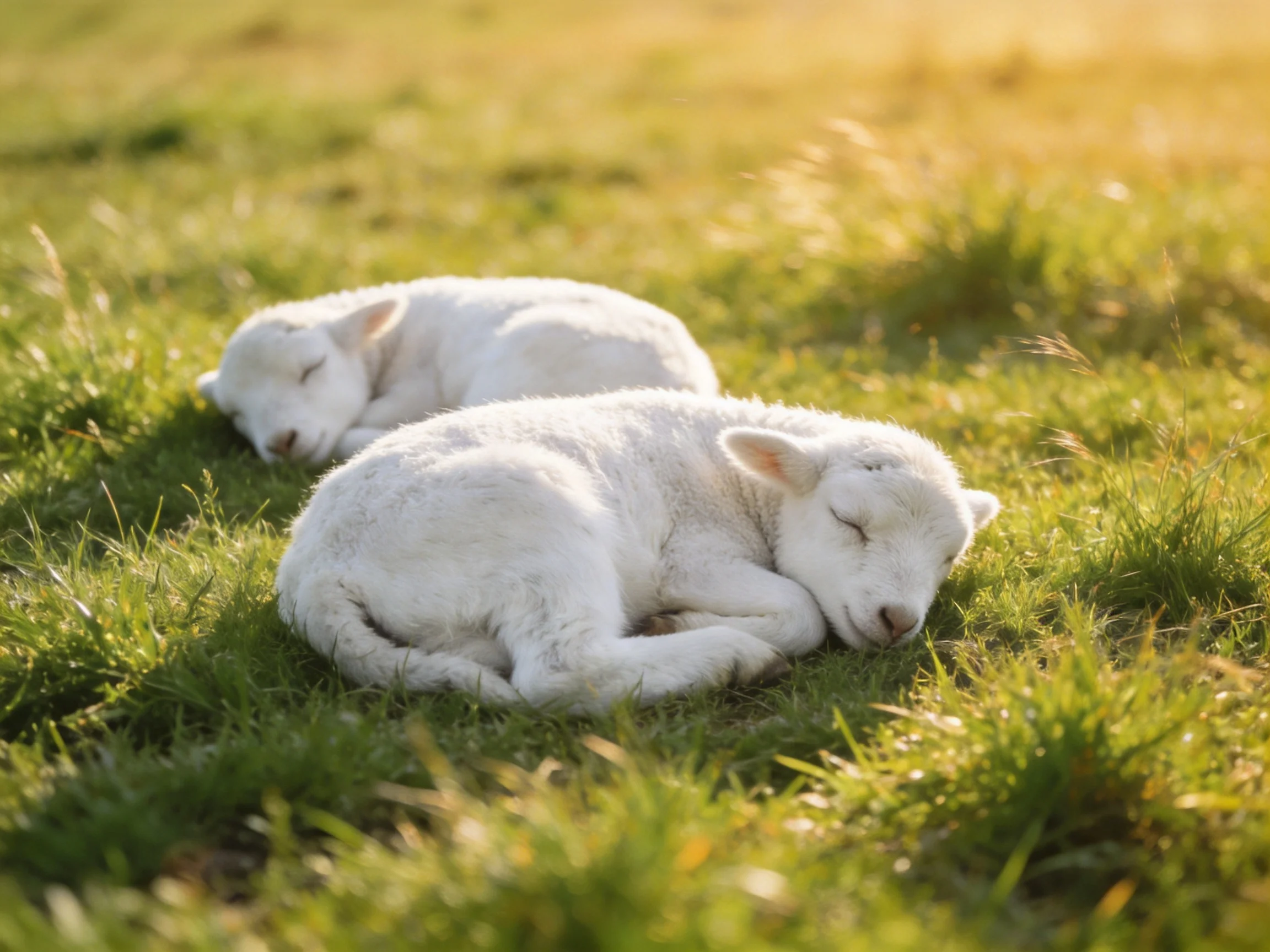 Two white lambs resting on sunlit green grass