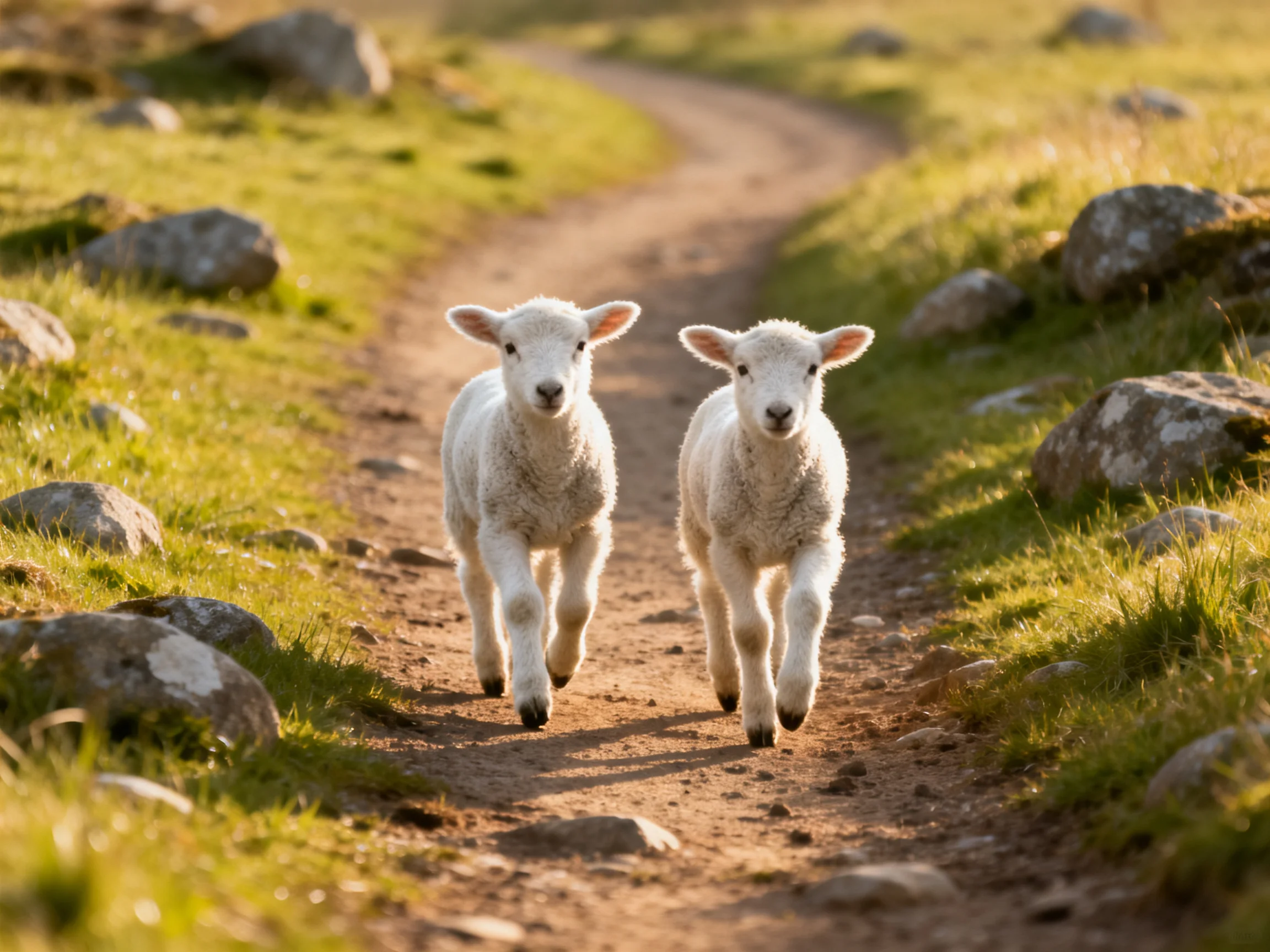 Two white lambs run along a winding rocky dirt path