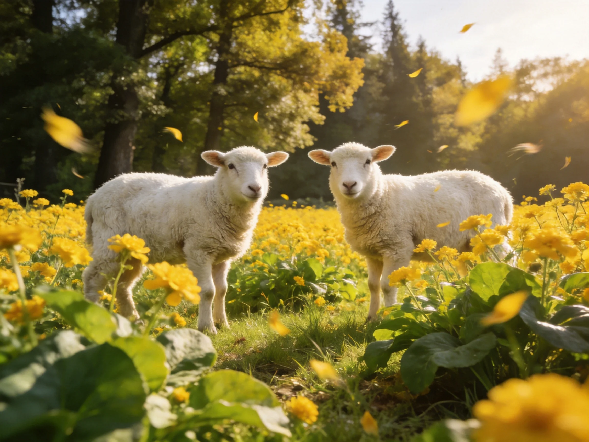 Two lambs stand in a sunlit meadow filled with yellow flowers and trees.