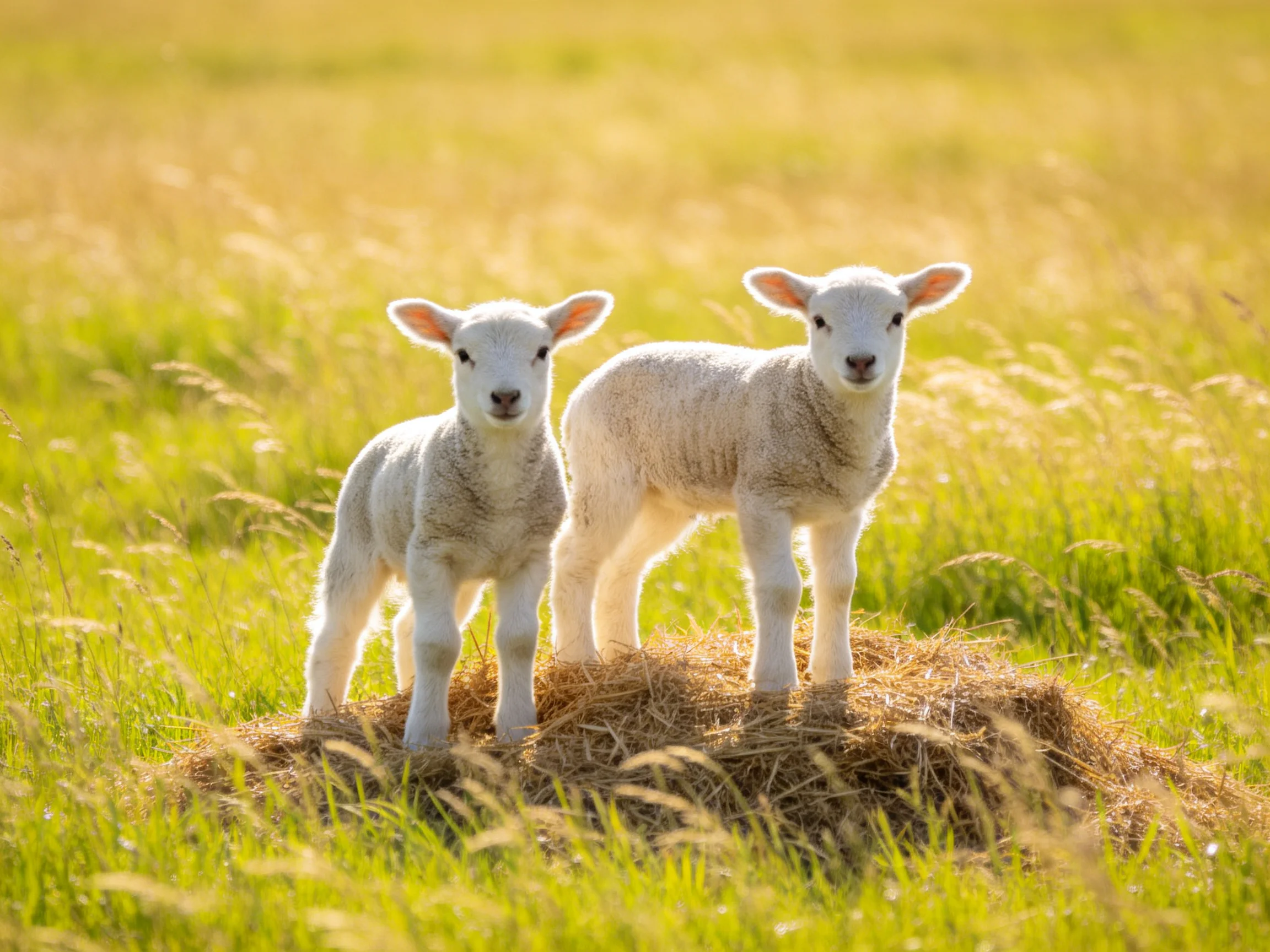 Two white lambs stand atop a hay mound in a golden meadow