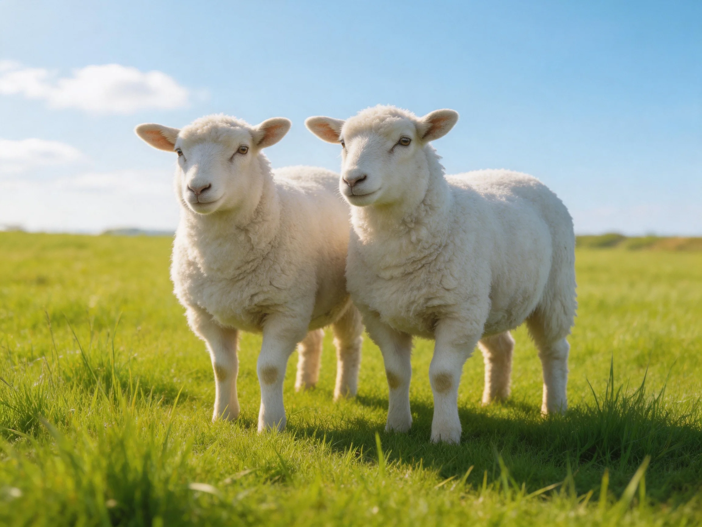 Two white lambs stand in a sunlit green field