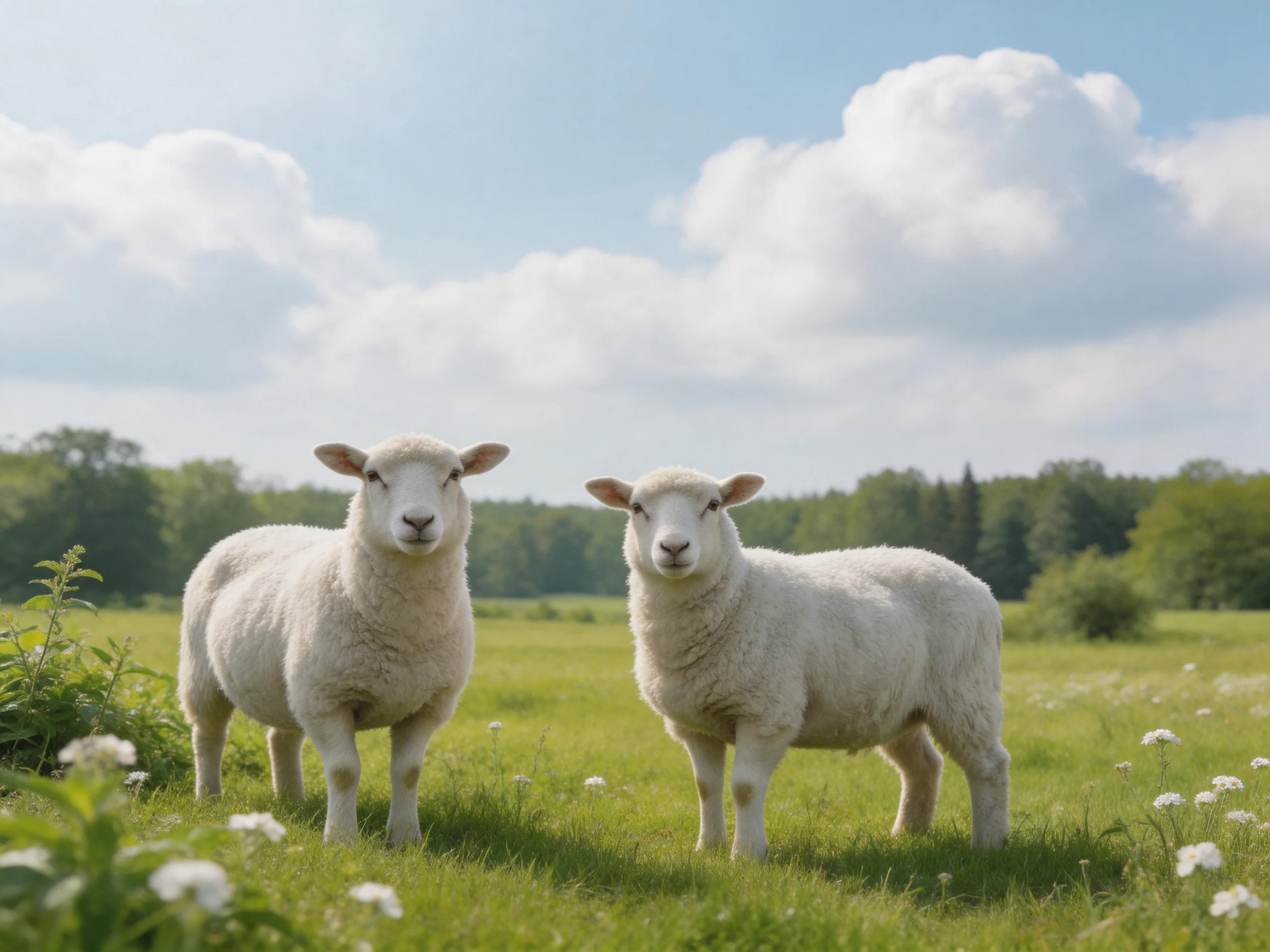 Two white lambs stand in a sunlit green meadow