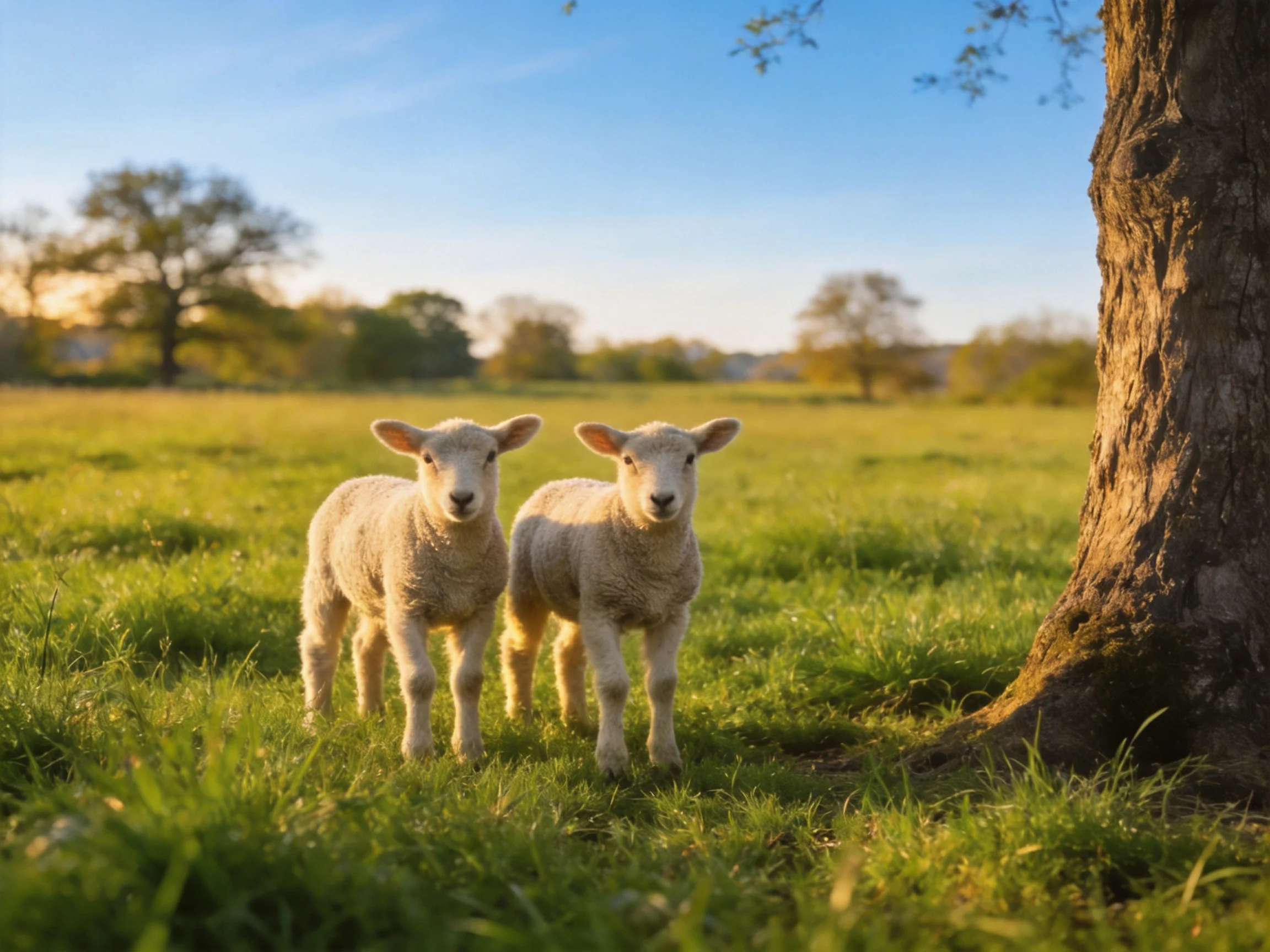 Two young sheep stand together in a sunlit pasture beside a large tree.