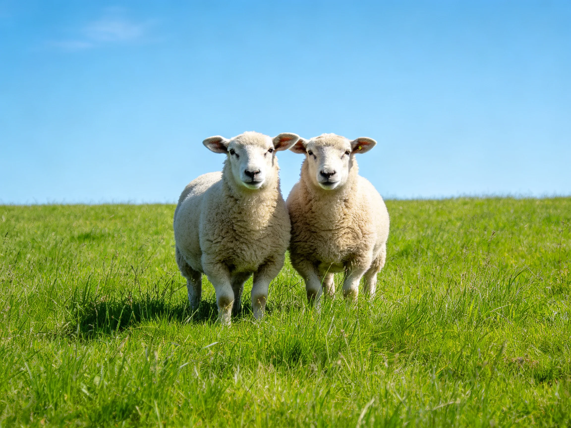 Two white lambs stand in a vibrant green pasture under a clear blue sky