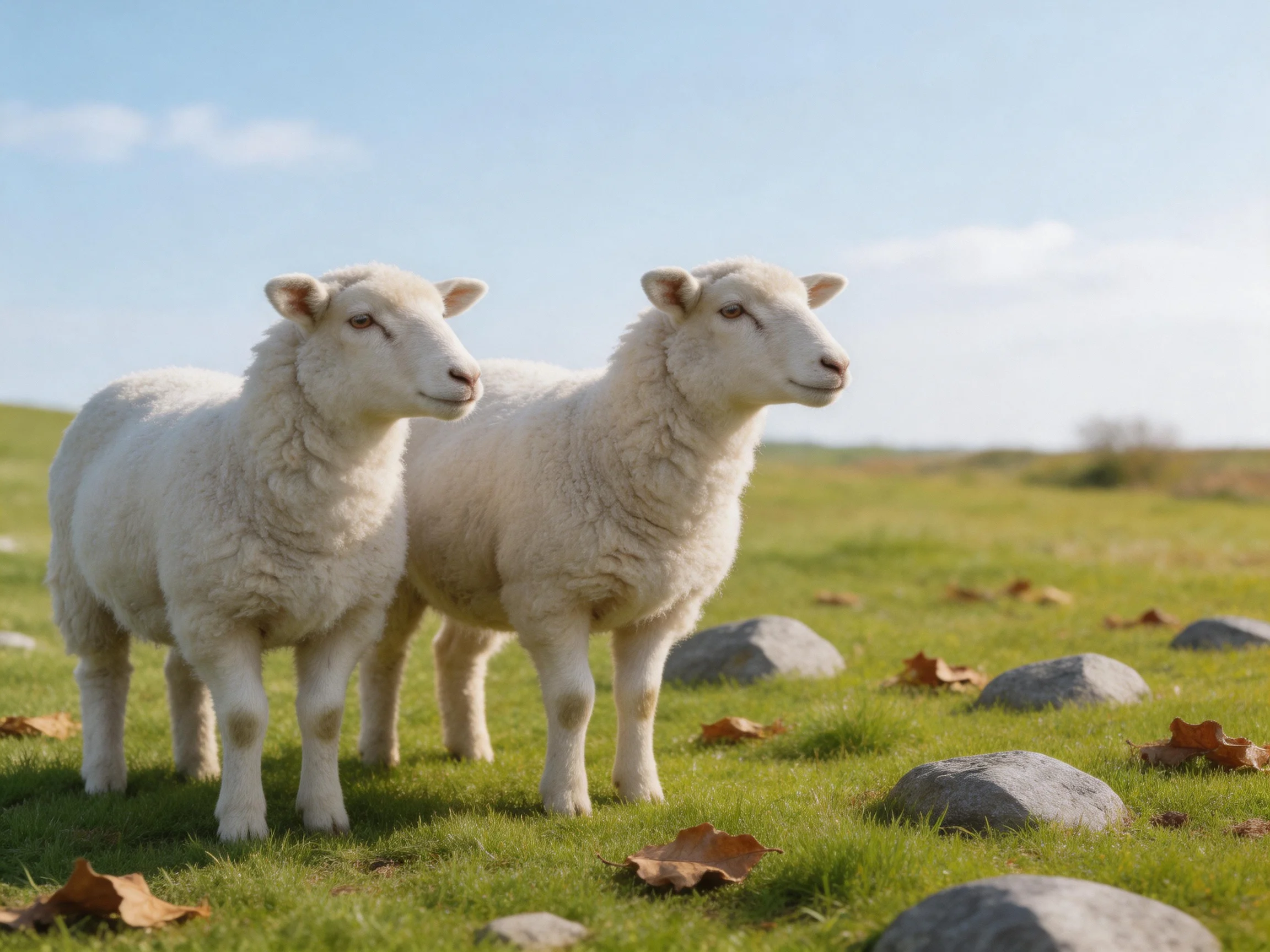 Two white lambs stand on a grassy field with scattered rocks