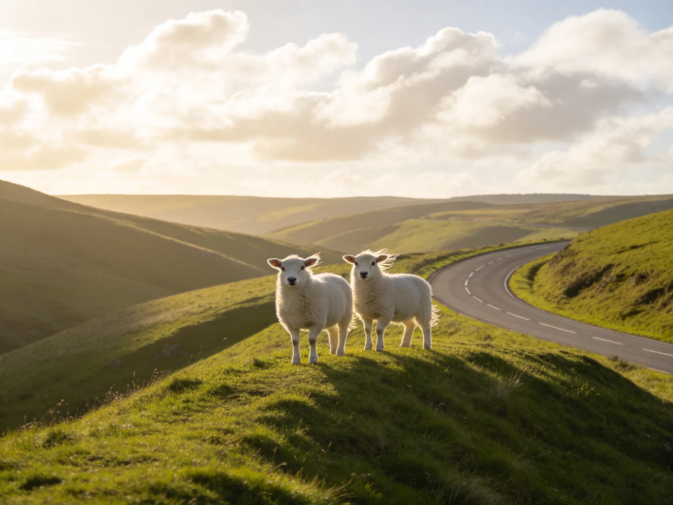 Two white lambs stand on a lush green hillside beside a curving road