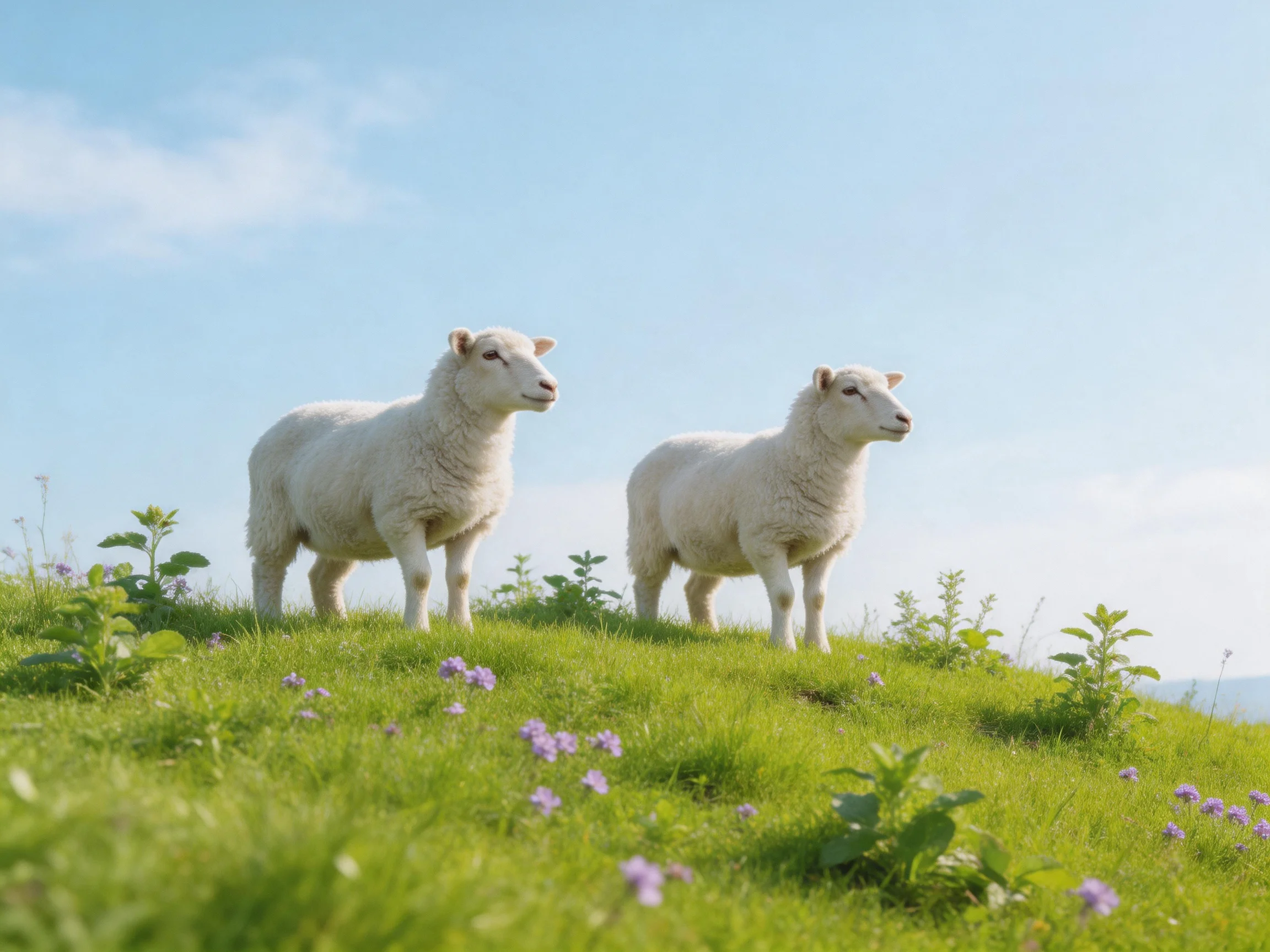 Two white lambs stand on a lush green hillside with purple flowers