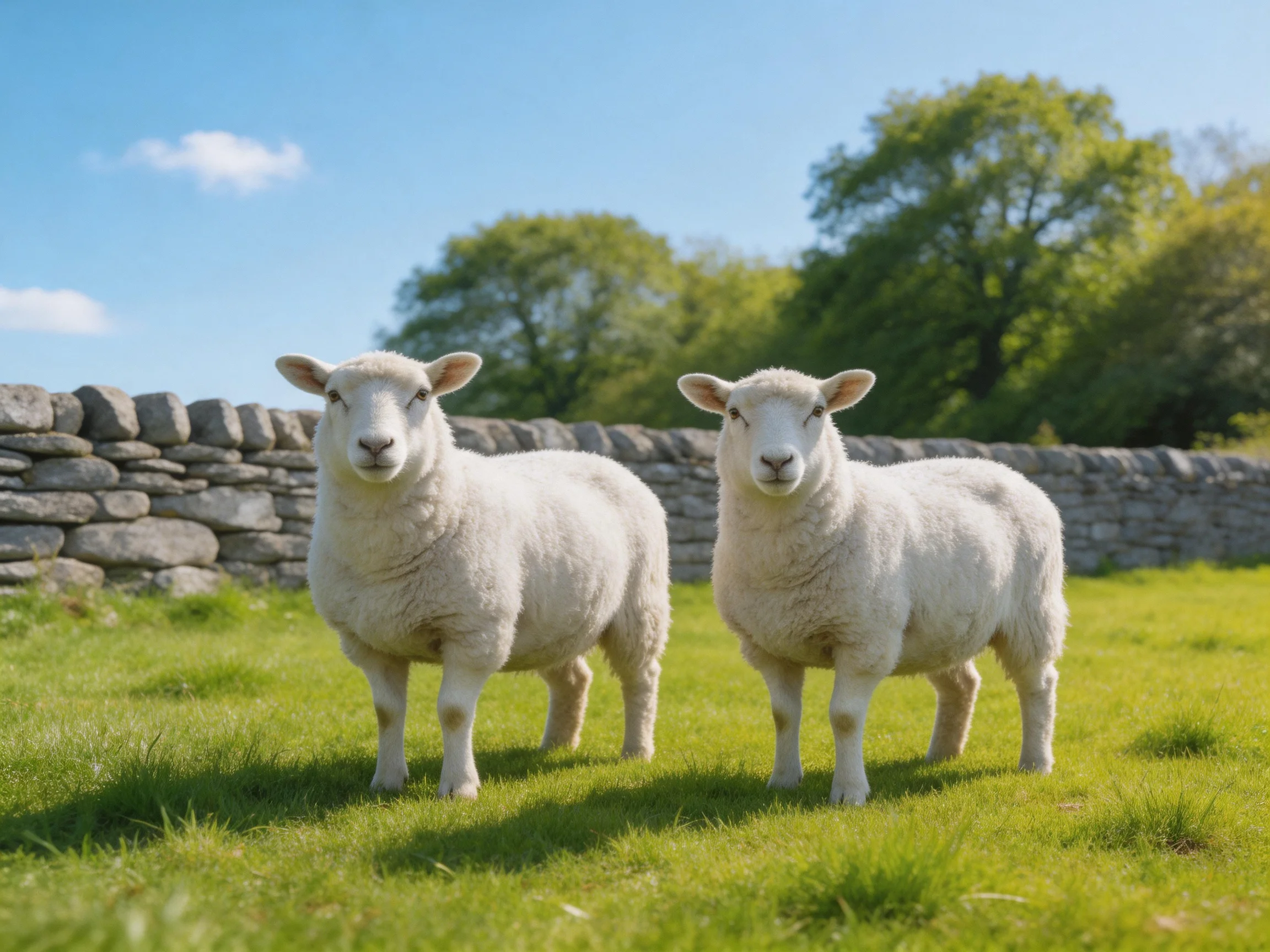 Two white lambs stand on a lush green meadow beside a stone wall