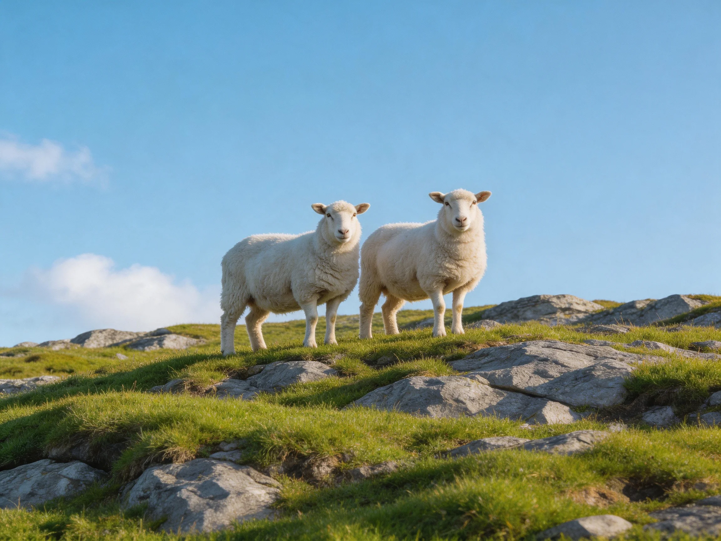 Two white lambs stand on a rocky green hillside under clear blue sky