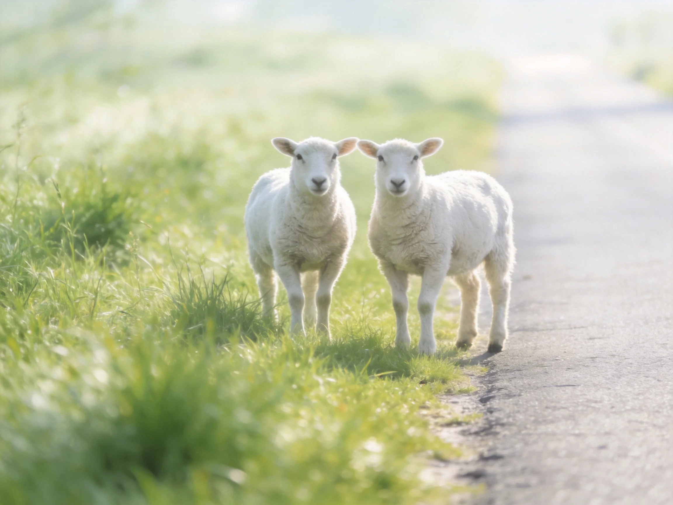 Two white lambs stand on a sunlit country path